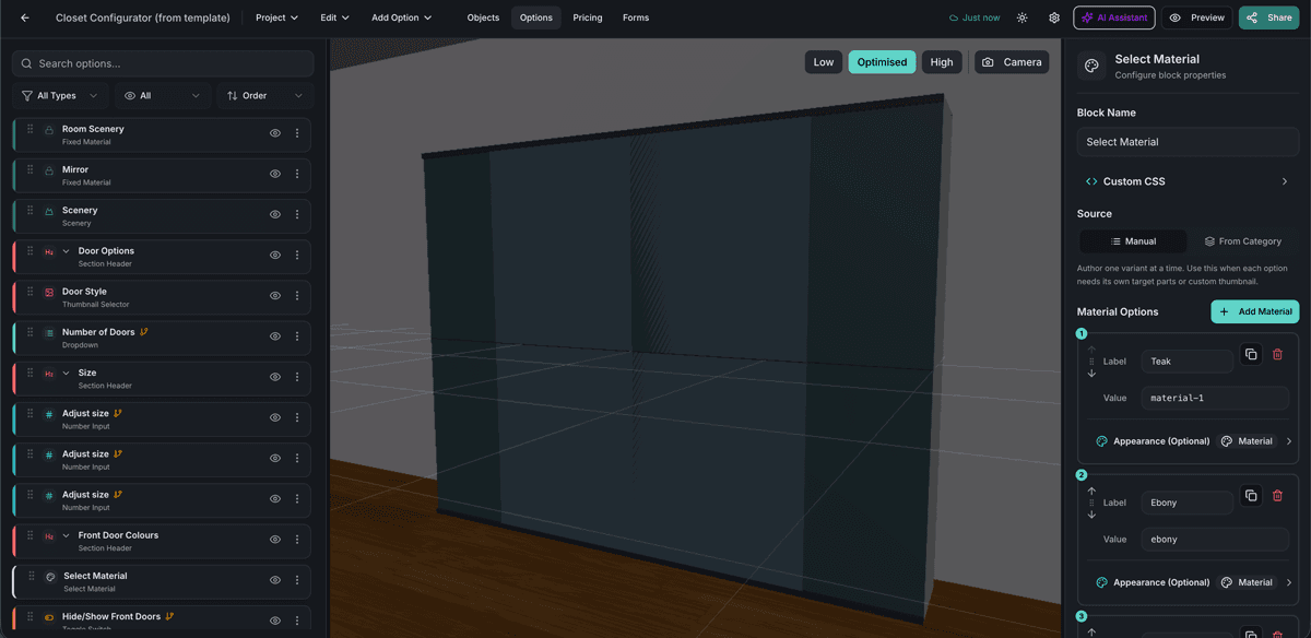 Simplio3D editör arayüzü, yapılandırıcı seçeneklerini gösteriyor.