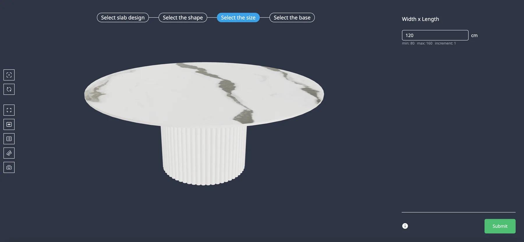 在 3D 中选择石材餐桌台面的形状