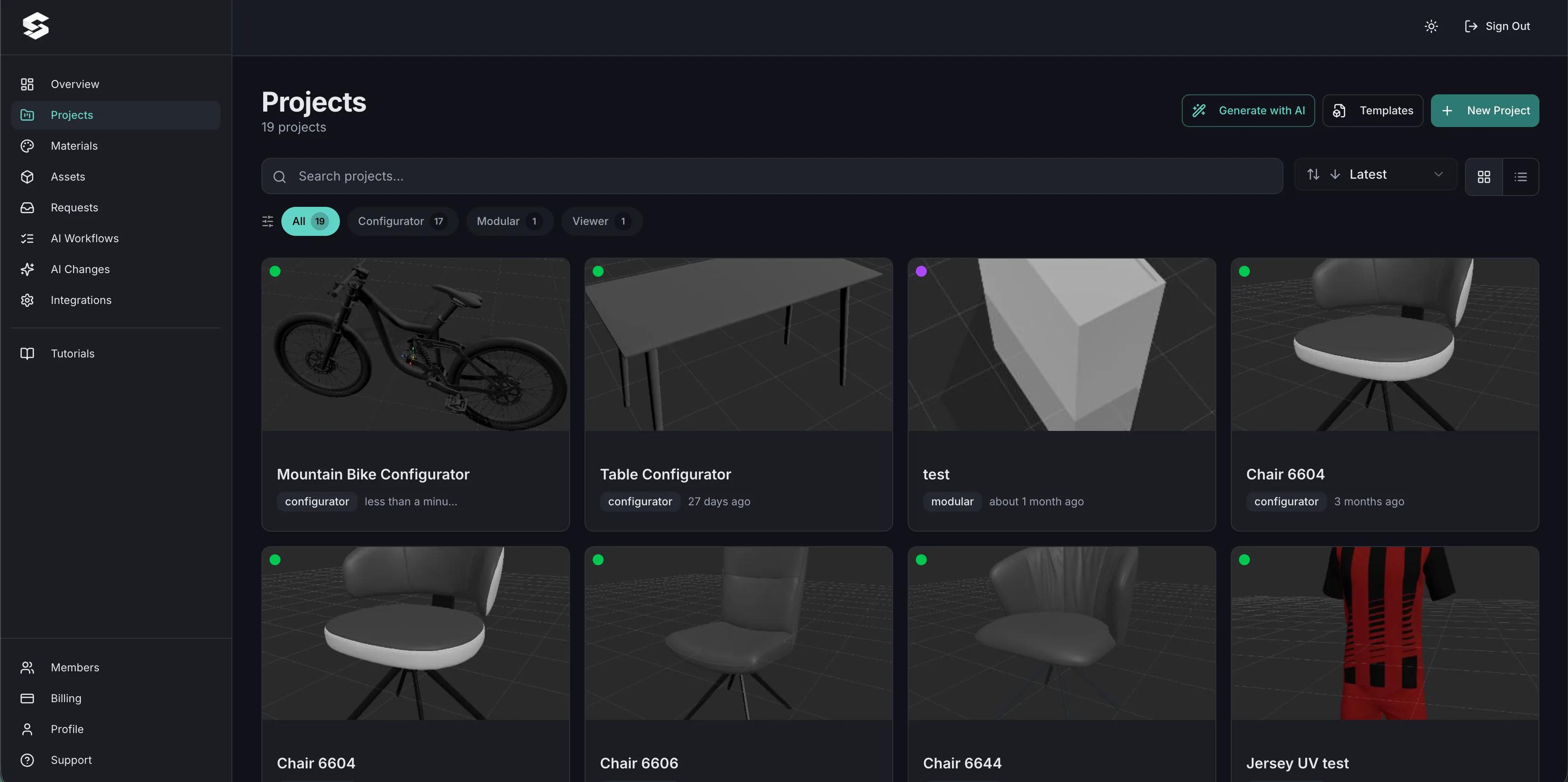 列出配置器项目的 Simplio3D 项目仪表板