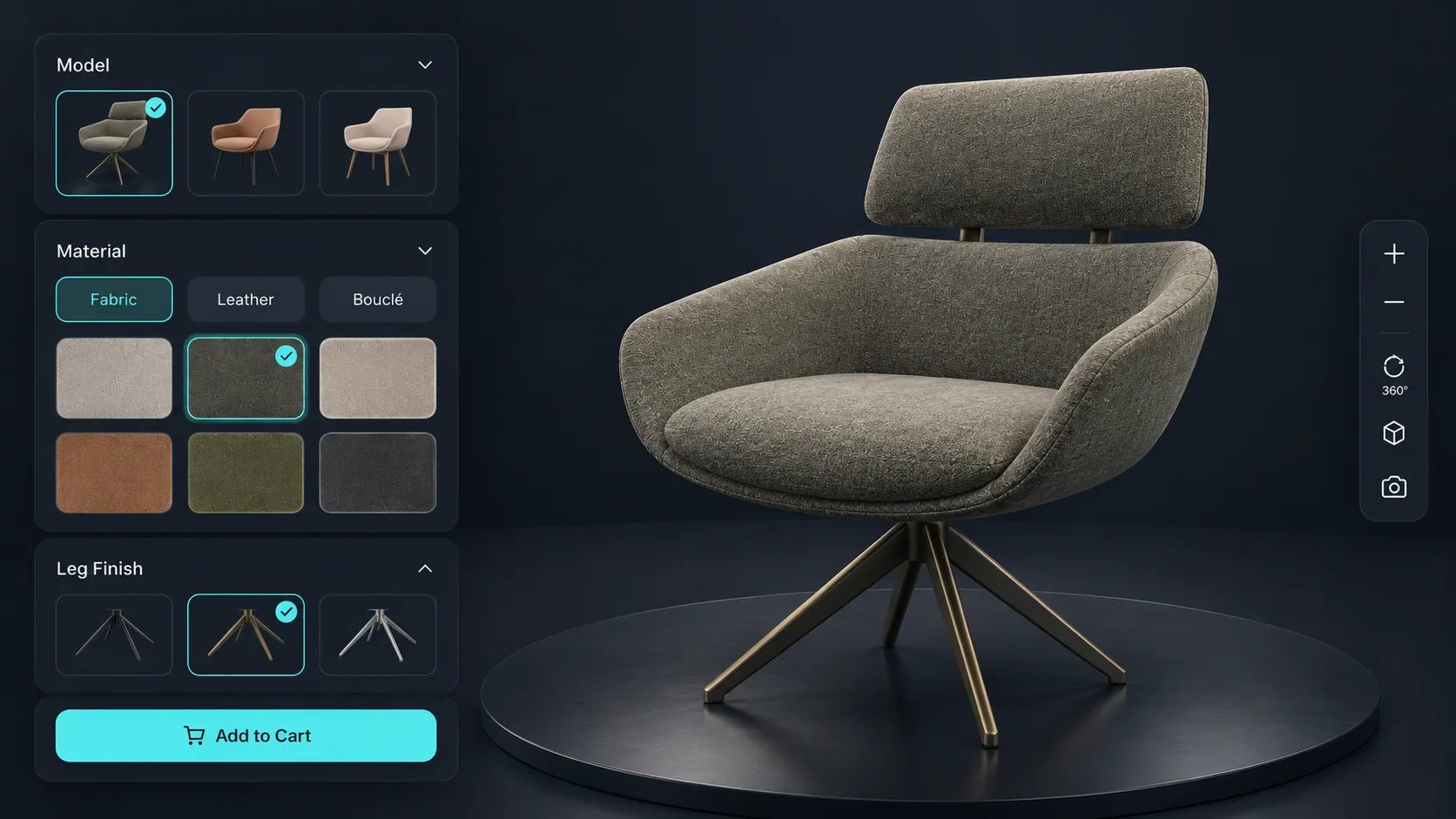 Configureur de chaise 3D montrant une chaise personnalisable