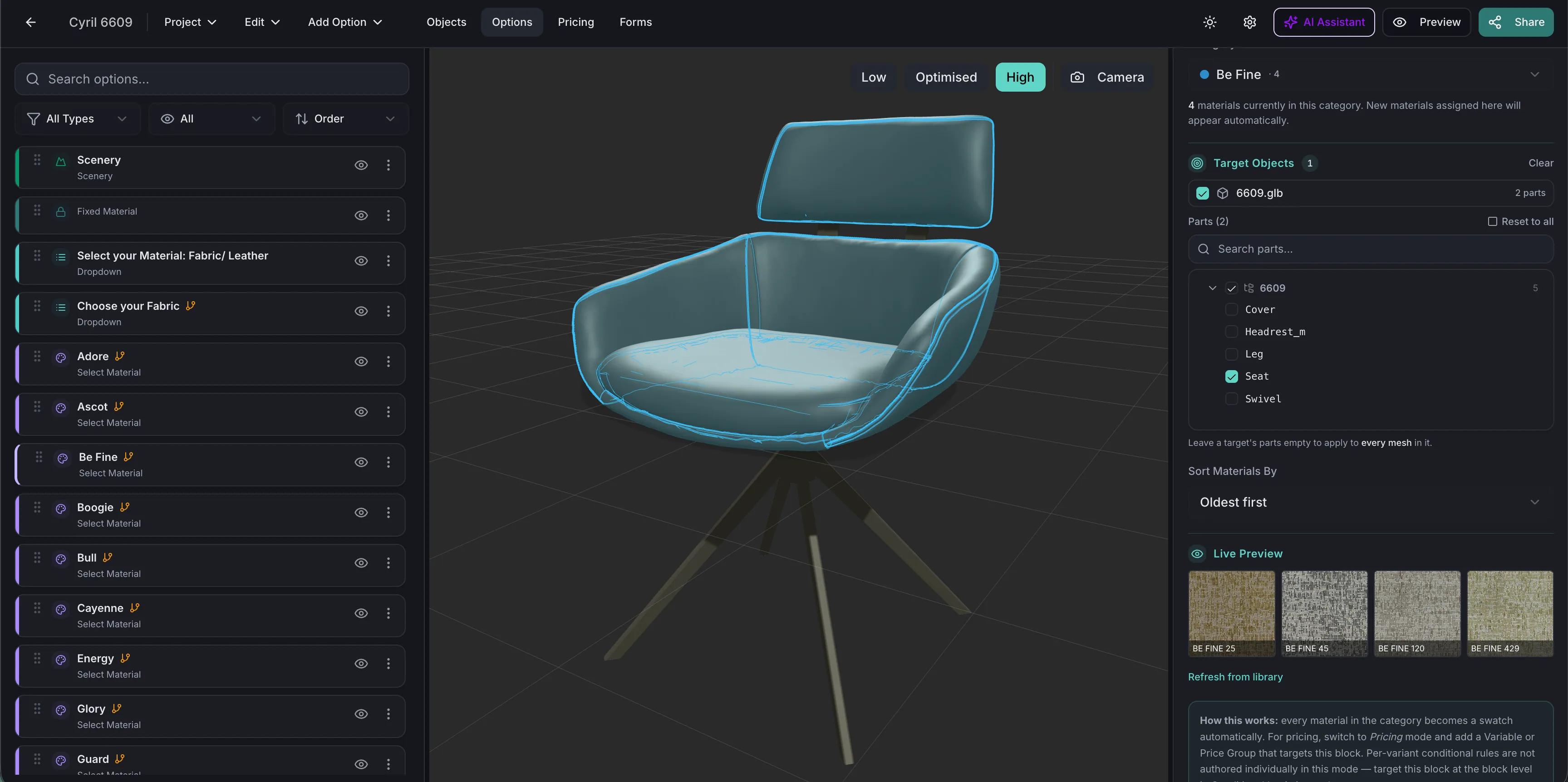 在 Simplio3D 中编辑椅子配置器选项