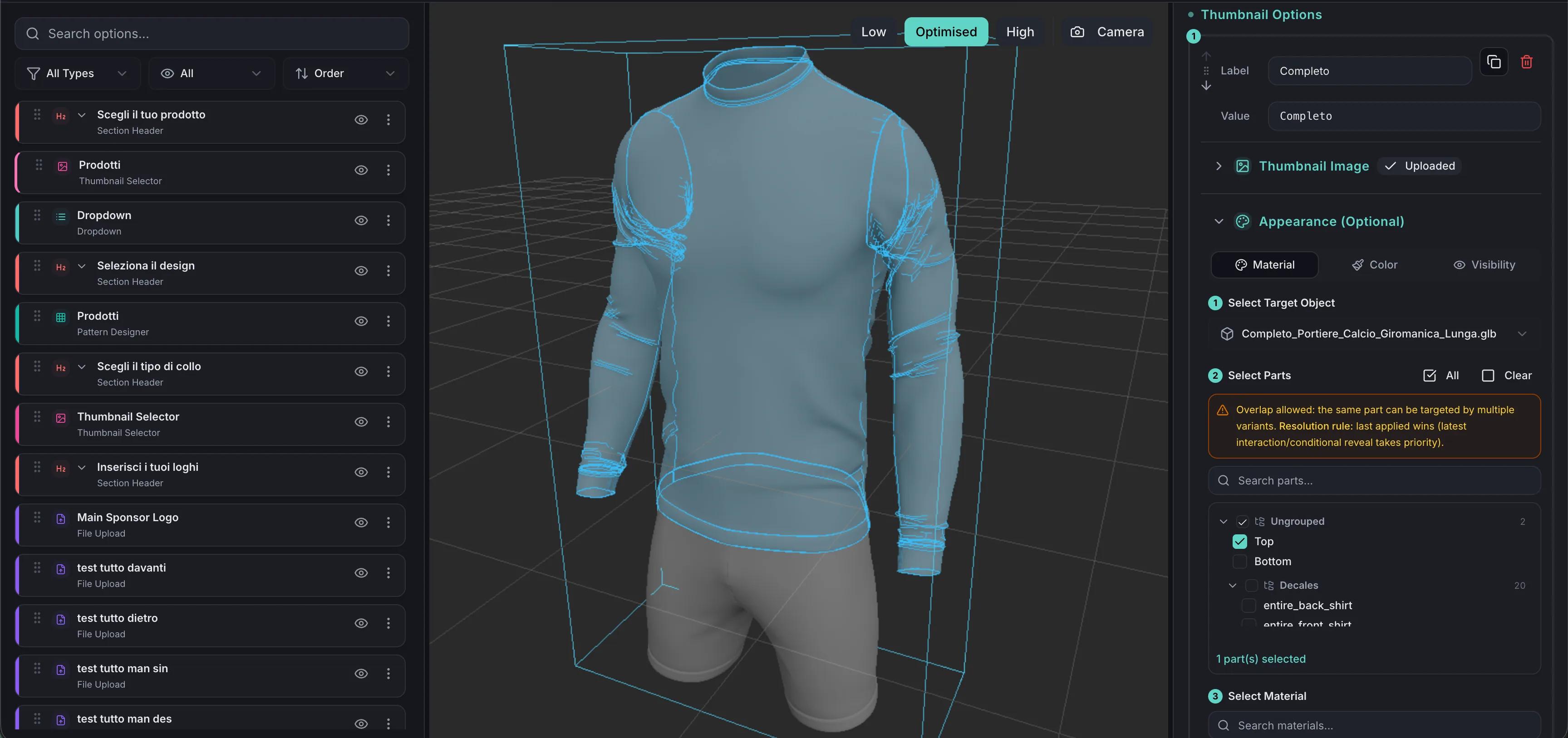 Activ 3D de configurare a tricoului, care prezintă designul echipamentului