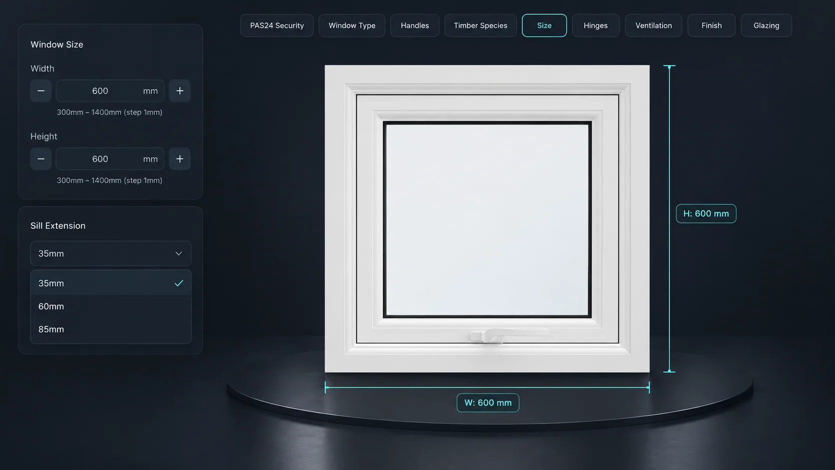 Logiciel de configuration de fenêtres montrant une fenêtre configurable en 3D