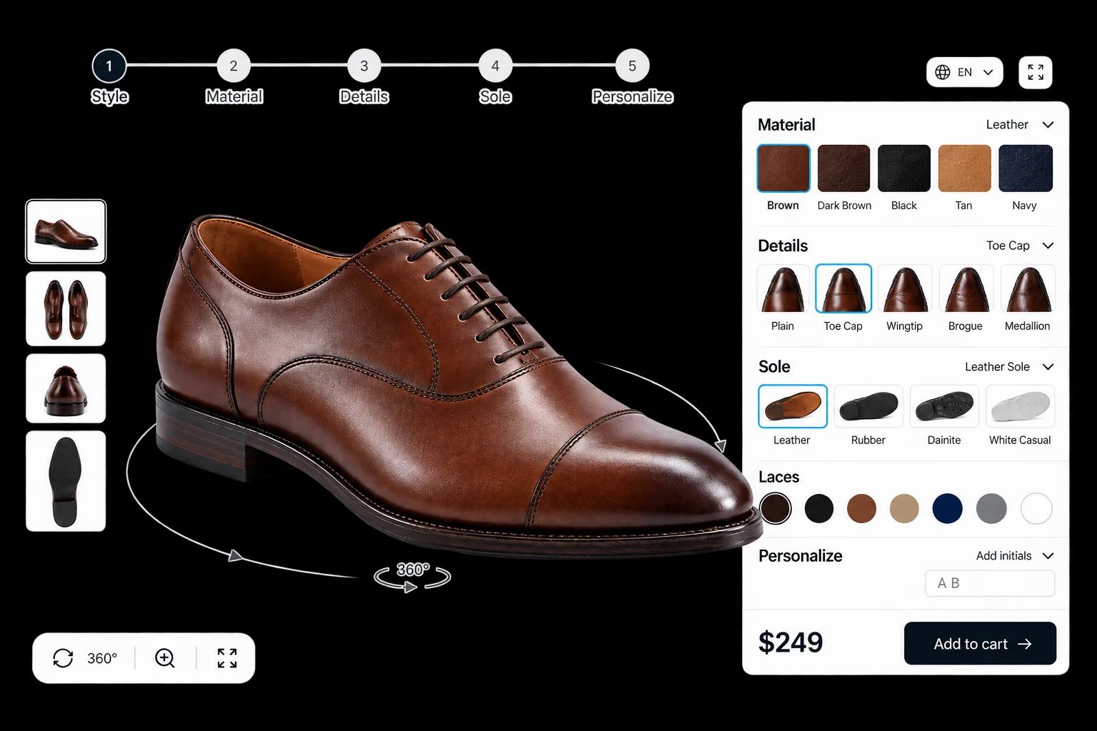 Configureur de chaussures 3D montrant une chaussure personnalisable
