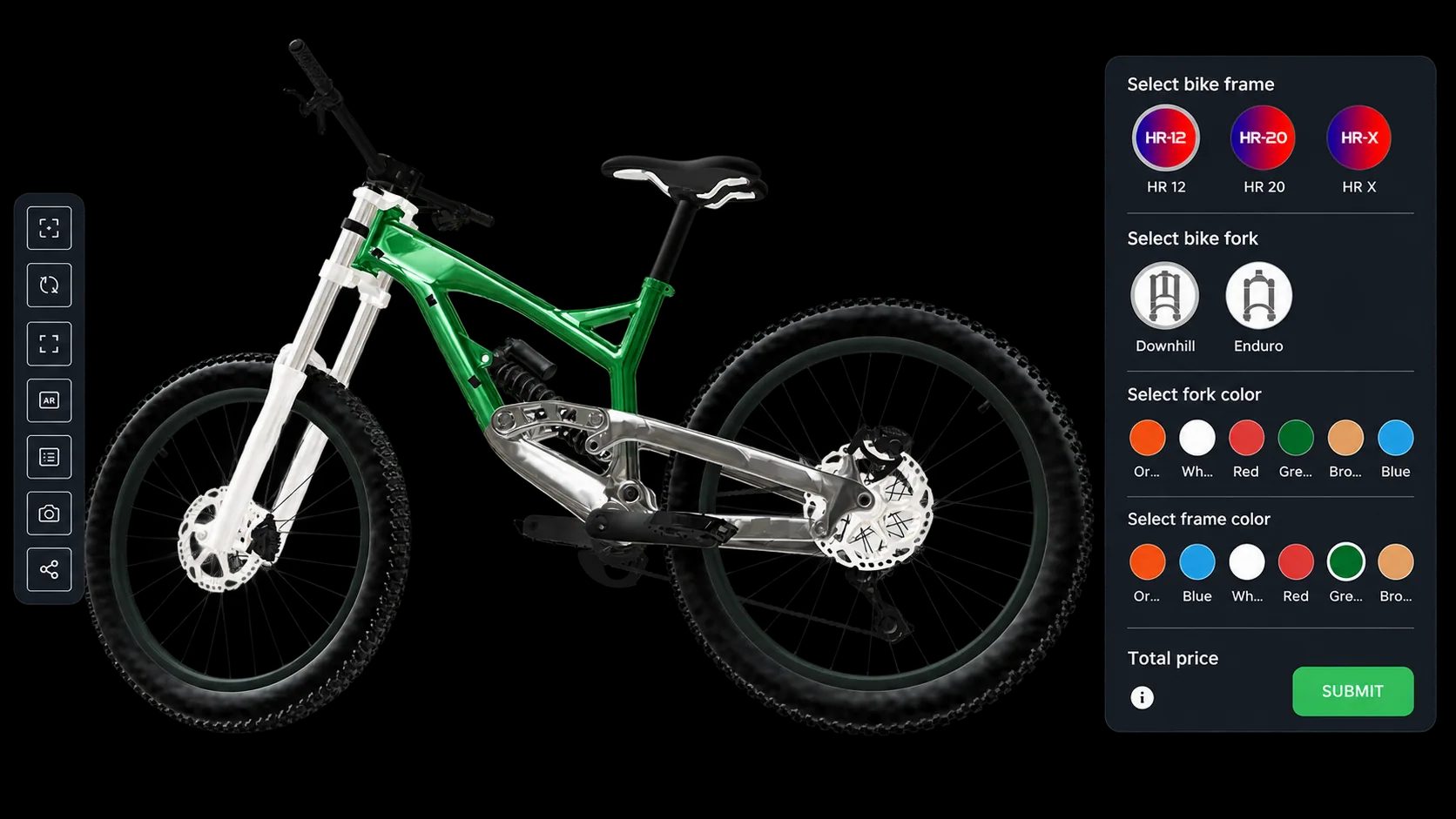 Configurador de bicicletas 3D que muestra una bicicleta personalizable