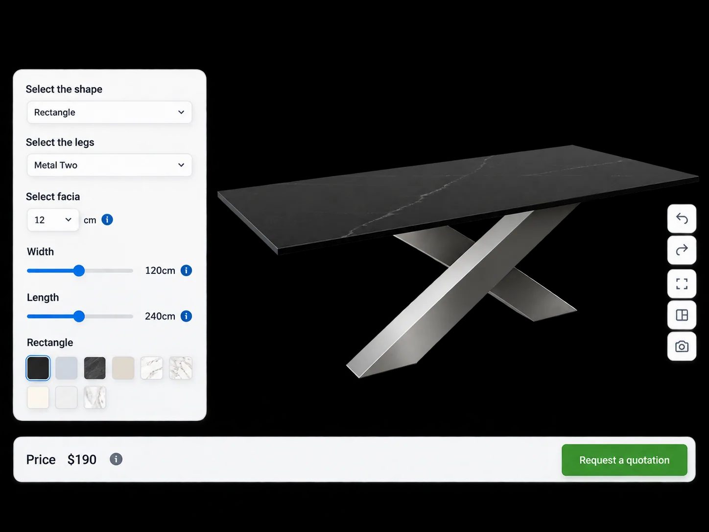 Configureur de table 3D montrant une table personnalisable