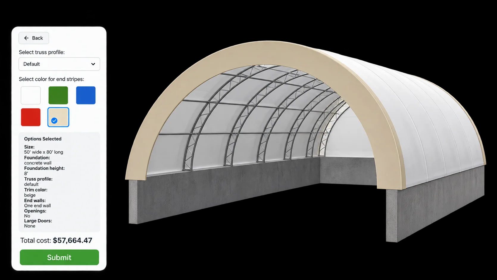 Building configurator showing a customisable structure in 3D