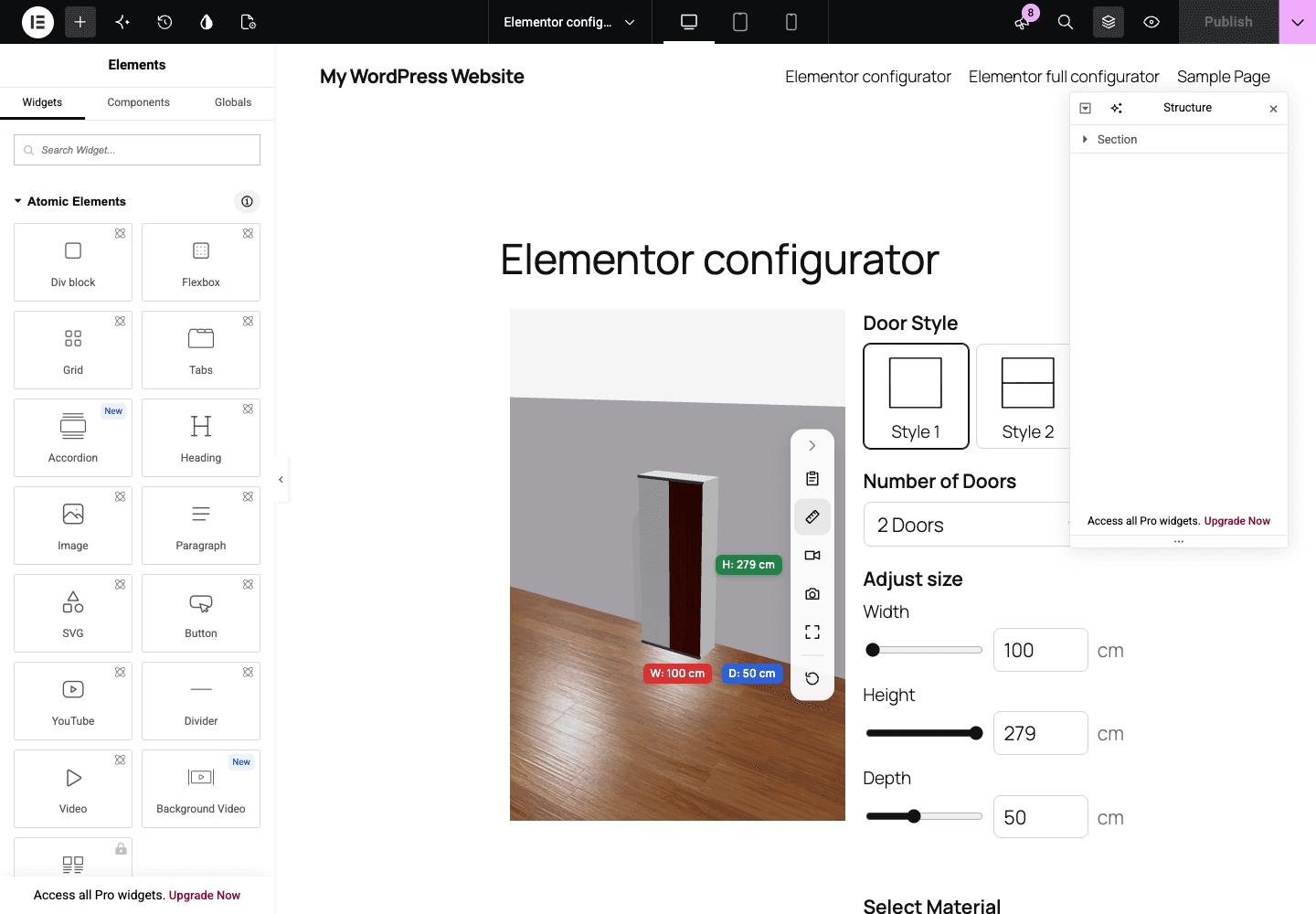 The Elementor editor with Simplio3D Shortcode widgets: the 3D closet configurator and its options are live in the page preview