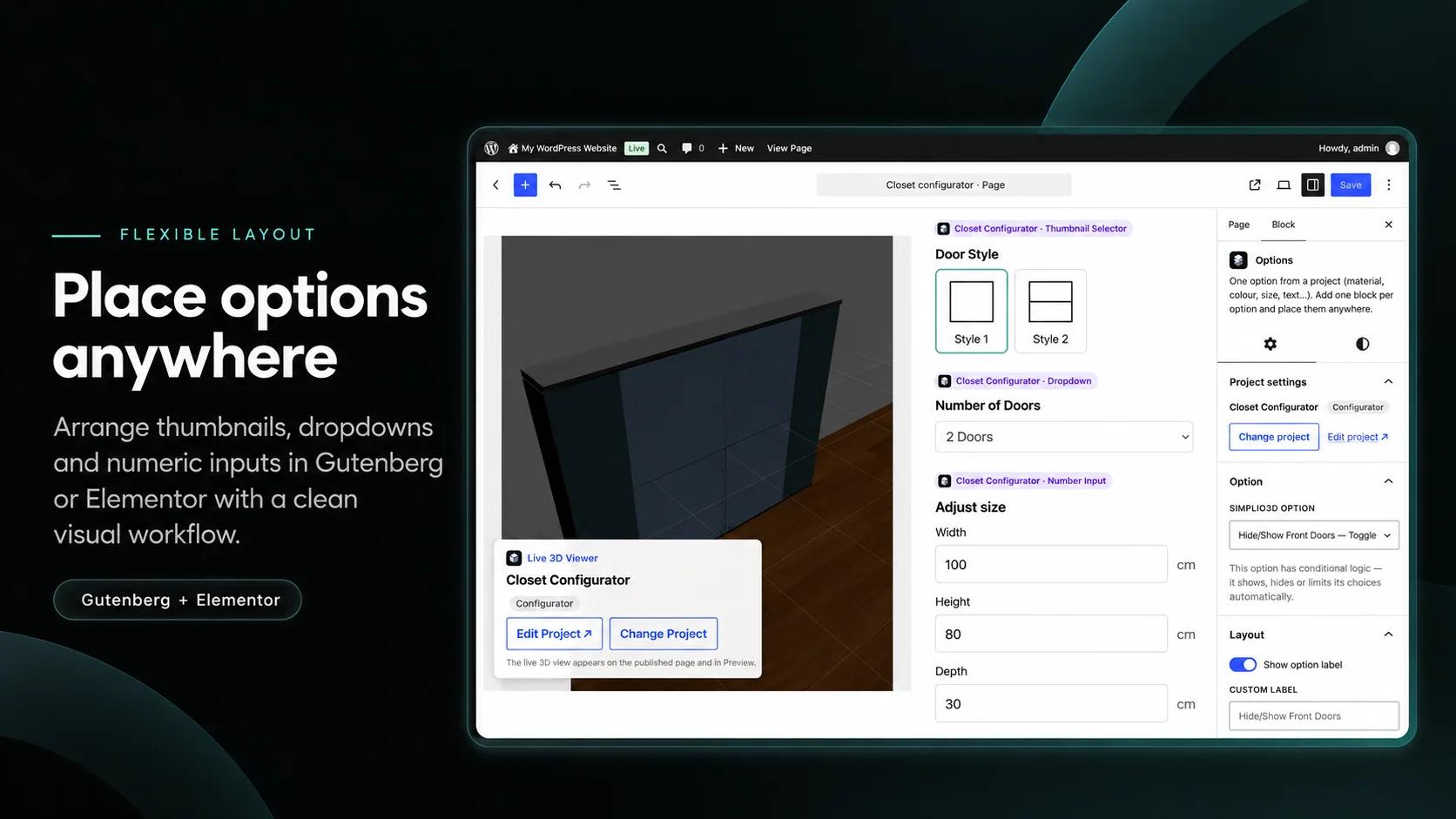 The WordPress block editor with the Simplio3D Viewer and Options blocks for a closet configurator, and the Options block settings for choosing the option and its layout