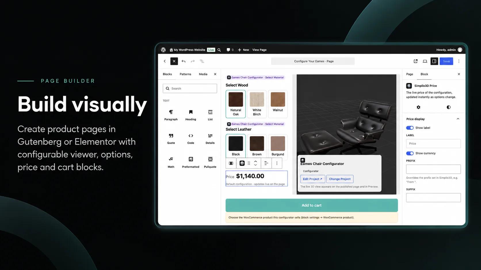 The Simplio3D Price block settings in the block editor, with label, currency, prefix and suffix fields, beside an Eames chair configurator and its Add to cart button