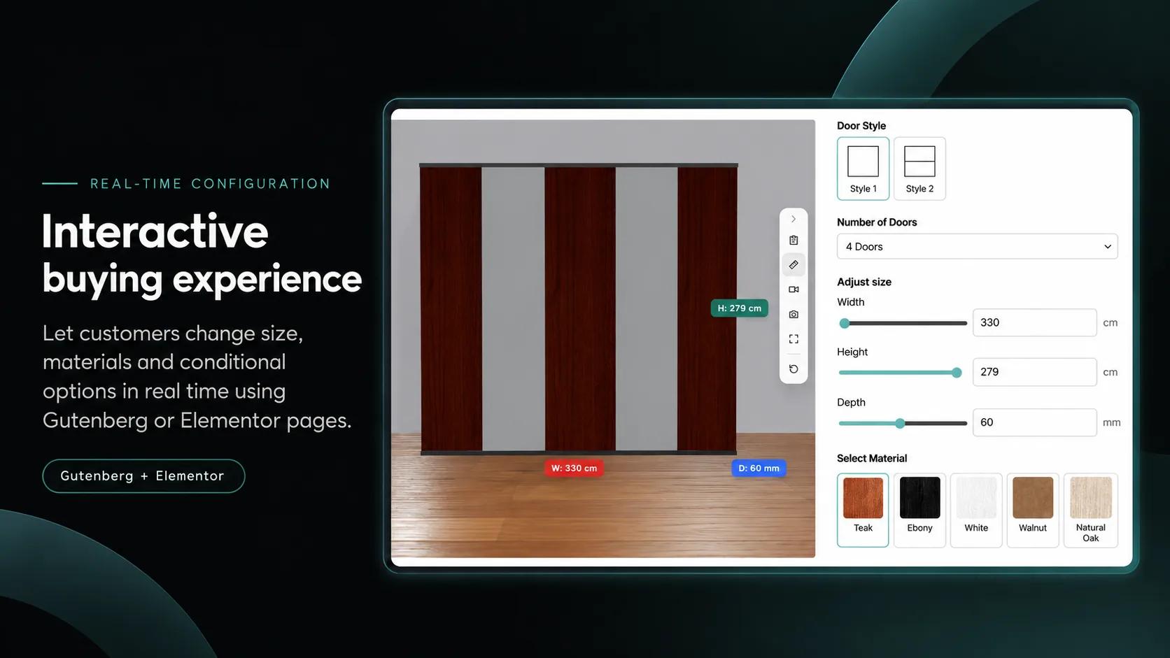 A published closet configurator: the 3D view shows width, height and depth labels while door style, number of doors, size and material are chosen beside it