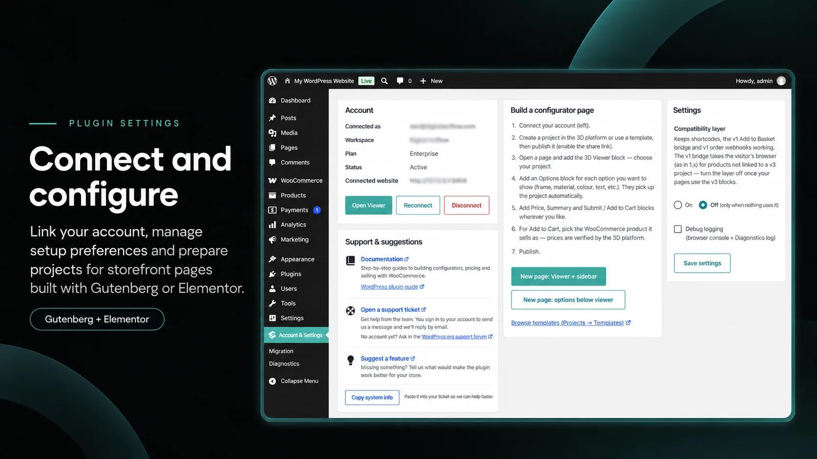 The Simplio3D Account & Settings screen in WordPress, with the connected account, a Build a configurator page checklist and the New page: Viewer + sidebar button