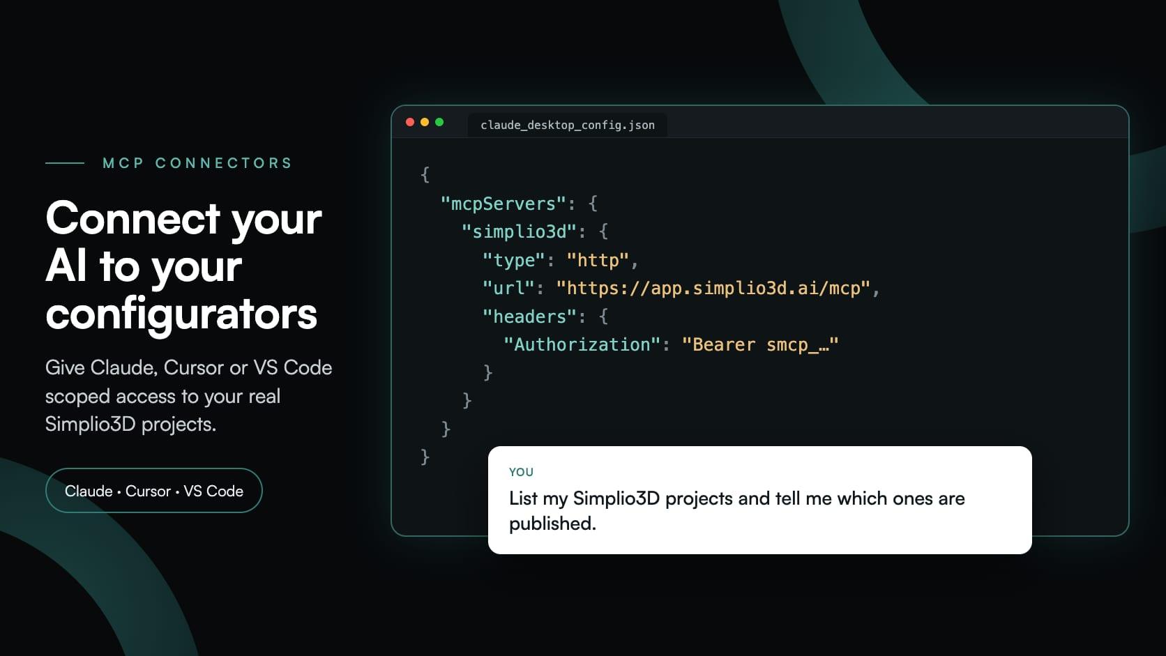 MCP Connectors: Connect Claude, Cursor and VS Code to Simplio3D