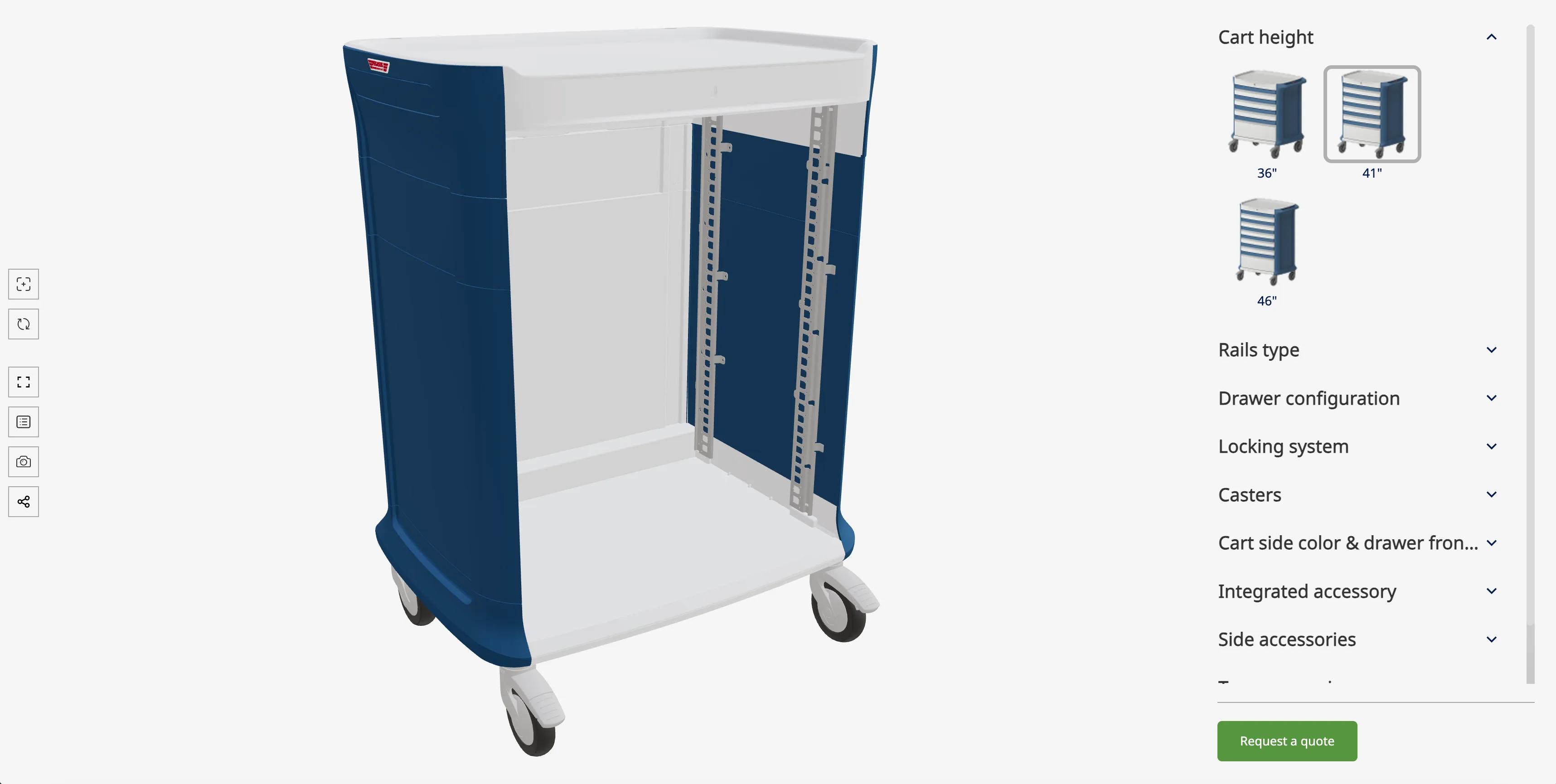 Il configuratore PolyCart al primo passaggio: un corpo carrello vuoto blu navy e bianco in 3D, con la sezione Altezza del carrello aperta sulle miniature da 36, 41 e 46 pollici e le altre sezioni delle opzioni elencate sotto