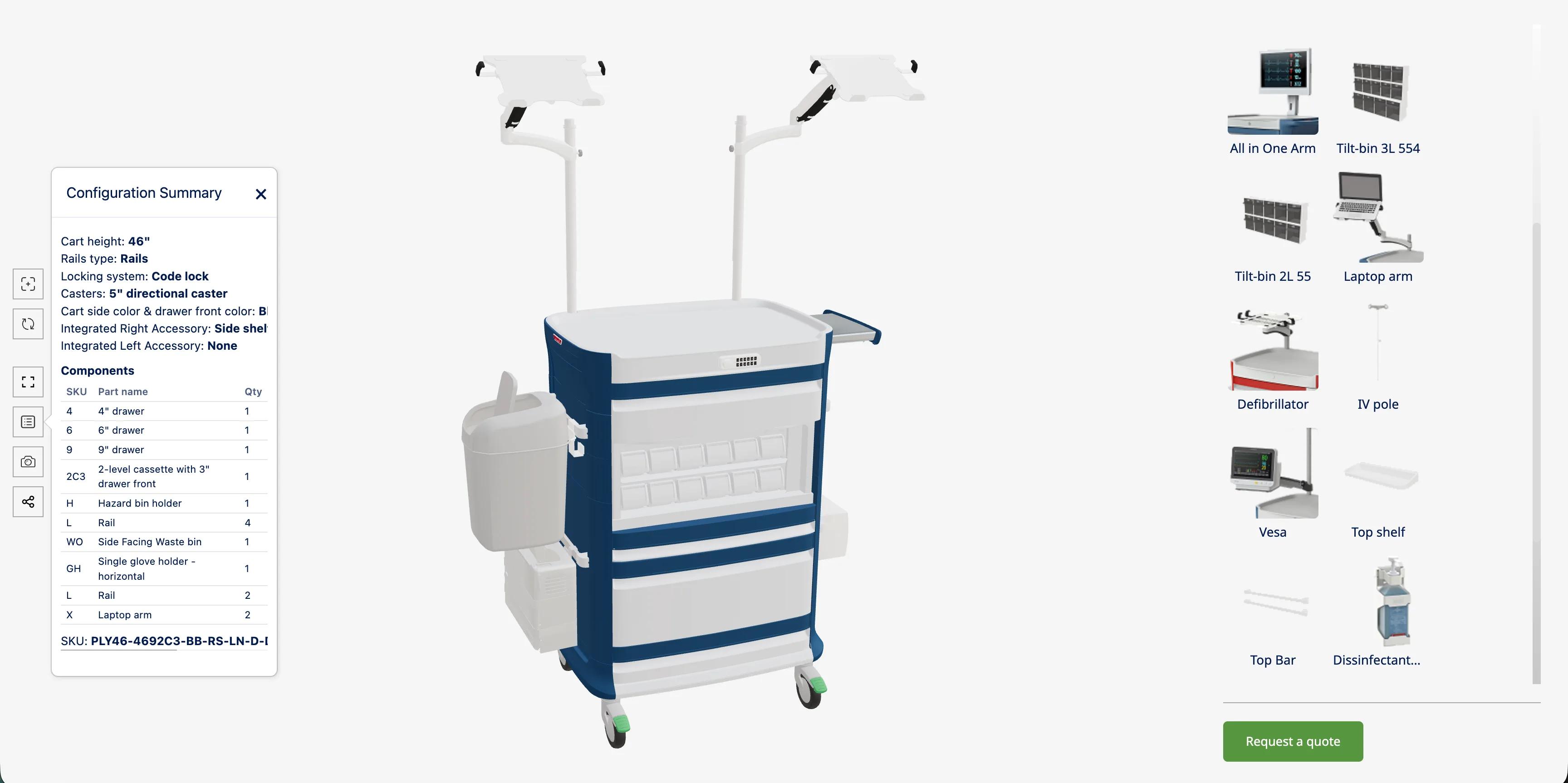 Un PolyCart da 46 pollici completato in 3D con cassetti, un contenitore laterale per rifiuti, un ripiano laterale e due bracci per laptop, accanto al Riepilogo della configurazione che elenca le selezioni, lo SKU di ciascun componente, il nome del componente e la quantità, nonché lo SKU complessivo del carrello; miniature degli accessori e un pulsante Richiedi un preventivo sulla destra