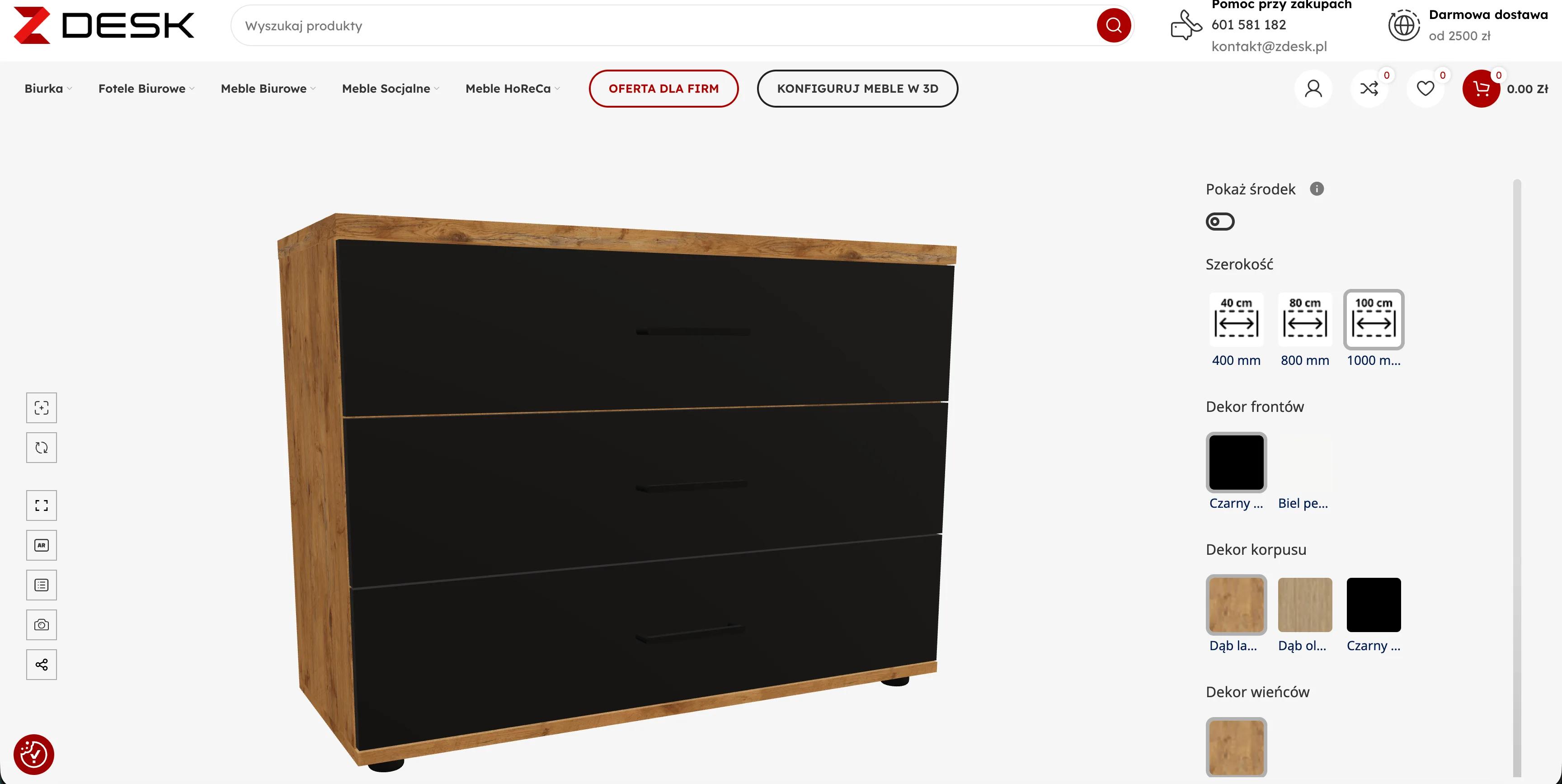 Kommodekonfiguratoren på zdesk.pl: en kommode med tre skuffer i 3D med svarte fronter og korpus i Lancelot-eik, ved siden av et alternativpanel med bryteren Pokaż środek, miniatyrbilder for bredder på 400, 800 og 1000 mm, der 1000 mm er valgt, dekorprøver for frontene i svart og perlehvit, dekorprøver for korpuset i to eikevarianter og svart, samt dekor for topplaten under dem