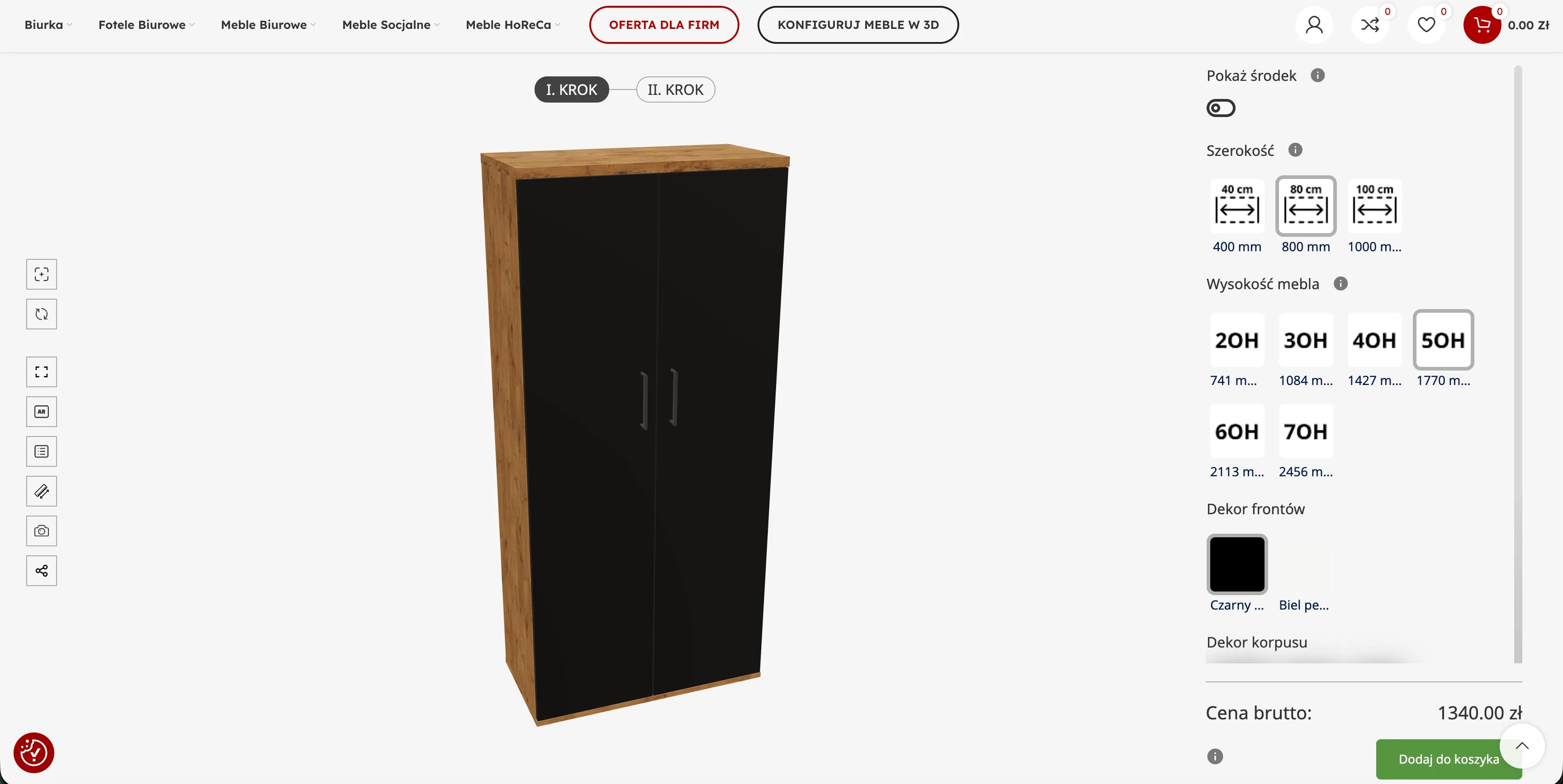 HYGGE-konfiguratoren for dokumentskap i det første av to trinn: et 800 mm bredt, 5OH-skap med to svarte dører og korpus i Lancelot-eik, ved siden av miniatyrbilder for bredder på 400, 800 og 1000 mm, miniatyrbilder for høyder fra 2OH (741 mm) til 7OH (2456 mm), fargeprøver for frontdekor og en bruttopris på 1 340 zł med knappen Dodaj do koszyka