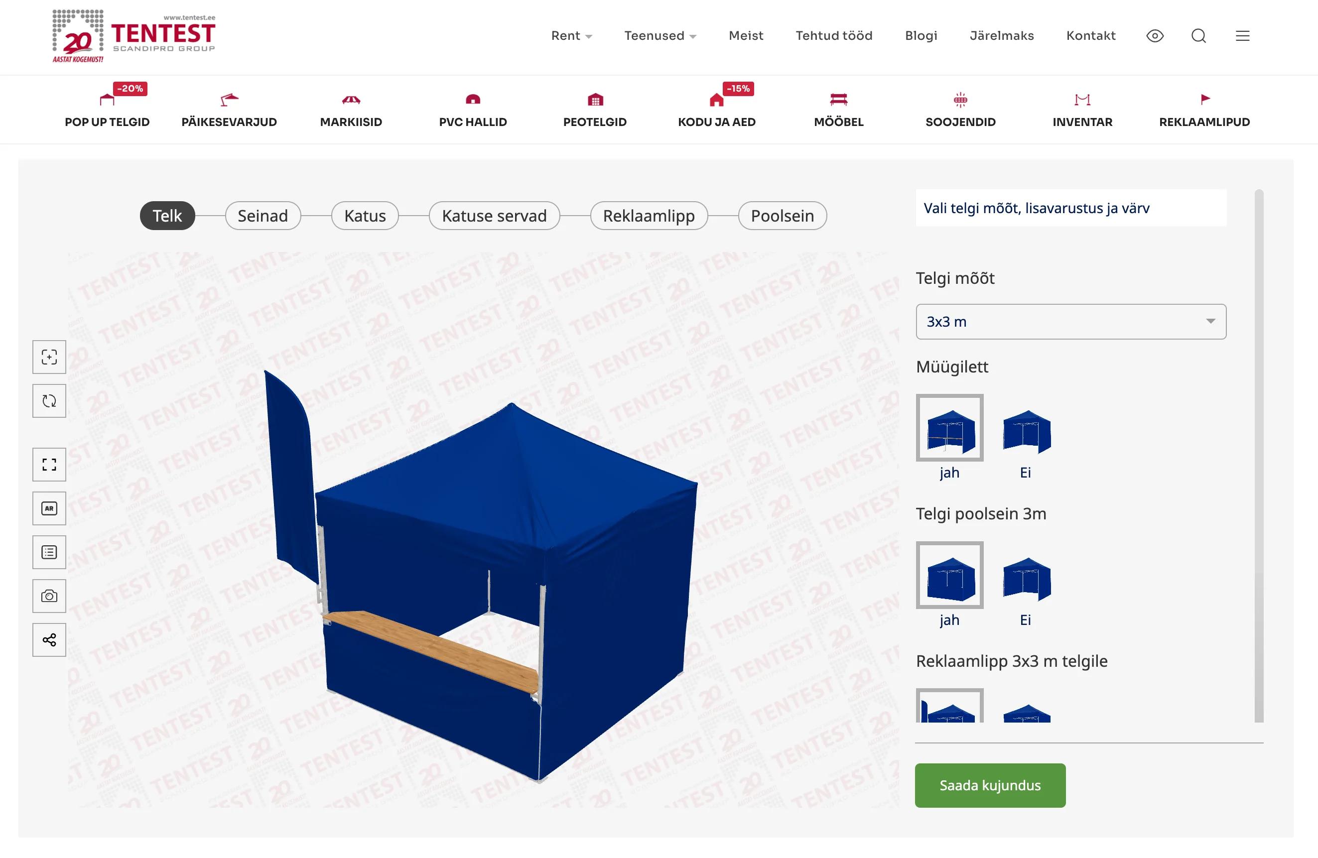 The Tentest configurator on tentest.ee at the Telk (tent) step: a blue 3 × 3 m pop-up tent in 3D with a wooden sales counter, side walls and an advertising flag, beside the options Telgi mõõt (tent size, set to 3x3 m), Müügilett (sales counter), Telgi poolsein 3m (3 m half wall) and Reklaamlipp (advertising flag), each with yes and no pictures, and the green Saada kujundus button