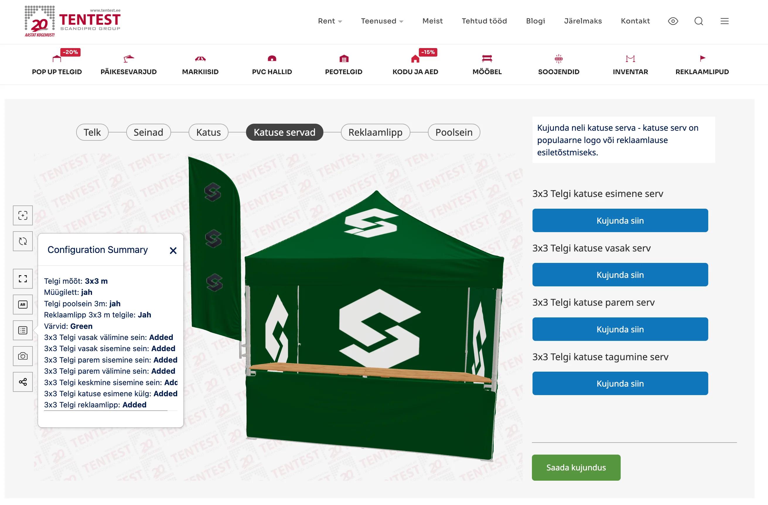 The Katuse servad (roof edges) step: a green pop-up tent printed with a white logo on the roof, walls and flag, with a Kujunda siin (design here) button for each of the four roof edges. An open Configuration Summary lists the size 3x3 m, the counter, half wall and flag set to yes, the colour Green, and the walls, roof side and flag that carry a design as Added