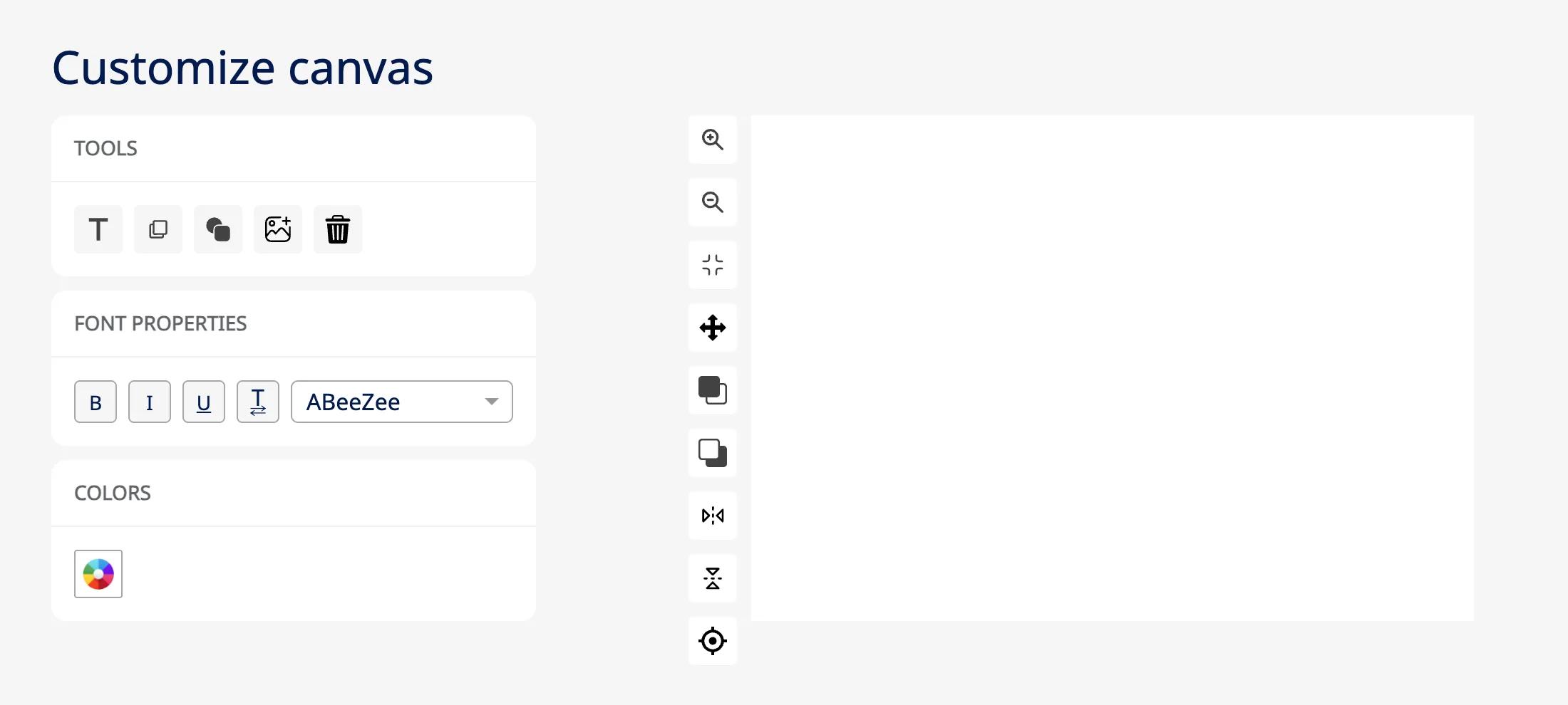 The Customize canvas editor opened for the back wall of a 3 × 3 m tent: a Tools panel with text, duplicate, shapes, image upload and delete buttons, Font properties with bold, italic, underline, letter spacing and a font list set to ABeeZee, a Colors picker, a column of zoom, pan, layer order, flip and reset position tools, and the blank white wall panel ready for a design