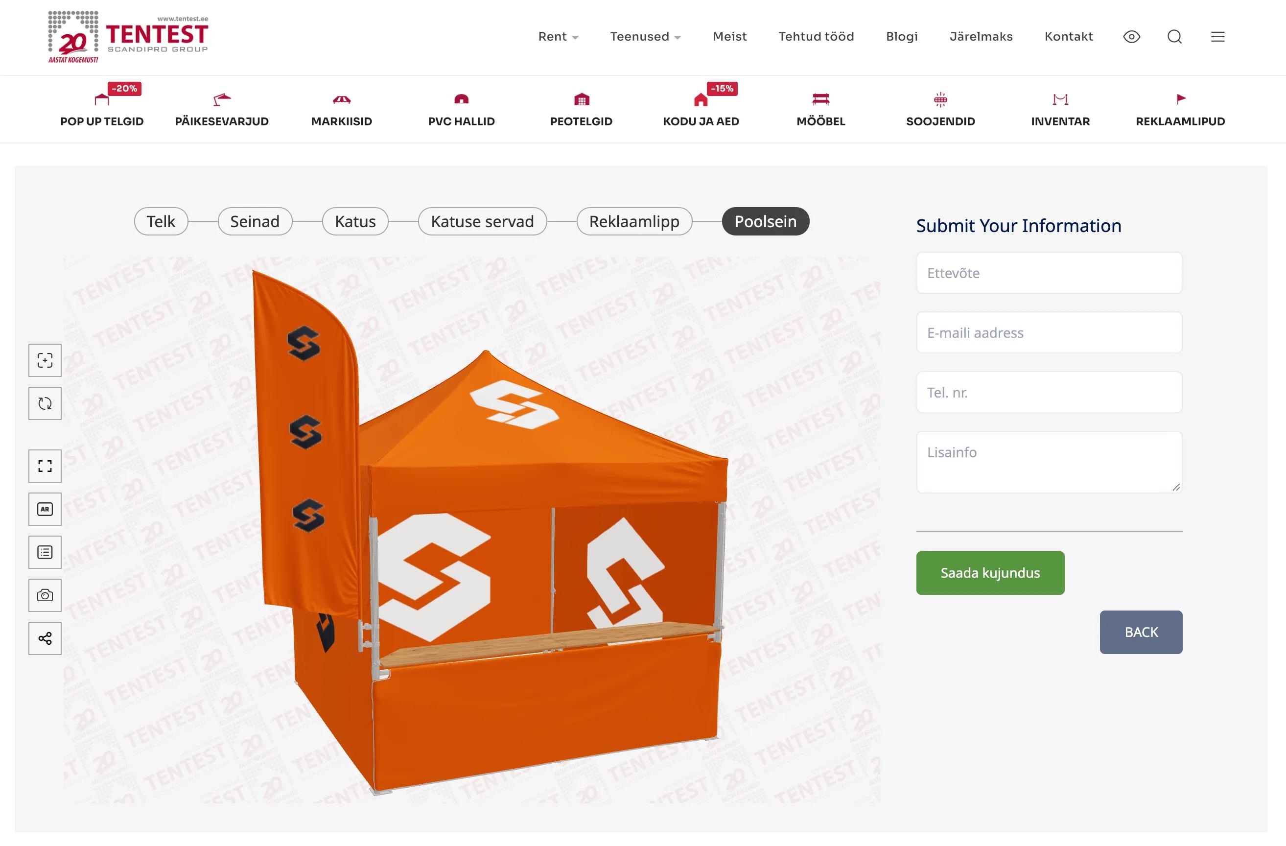 The last step of the Tentest configurator: an orange pop-up tent with a white logo printed on the roof, the walls and the half wall, an advertising flag with dark logos, and beside it the Submit Your Information form with the fields Ettevõte (company), E-maili aadress (email address), Tel. nr. (phone number) and Lisainfo (additional information), a green Saada kujundus button and a Back button