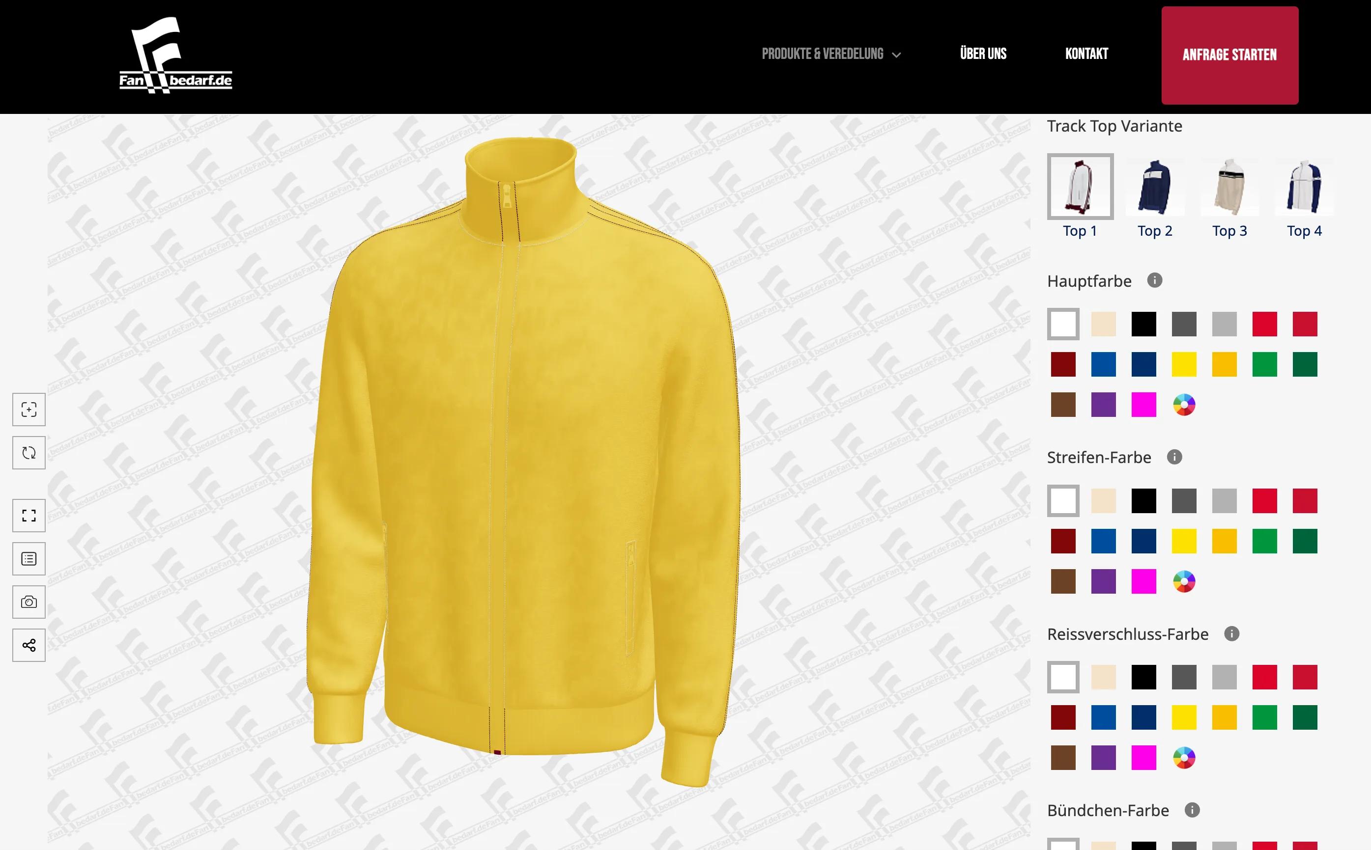The Fanbedarf.de jacket configurator: a yellow Top 1 track jacket in 3D on a background patterned with the Fanbedarf.de logo, beside the Track Top Variante row with pictures of Top 1, Top 2, Top 3 and Top 4, and the colour rows Hauptfarbe, Streifen-Farbe, Reissverschluss-Farbe and Bündchen-Farbe, each with 17 swatches and a colour wheel