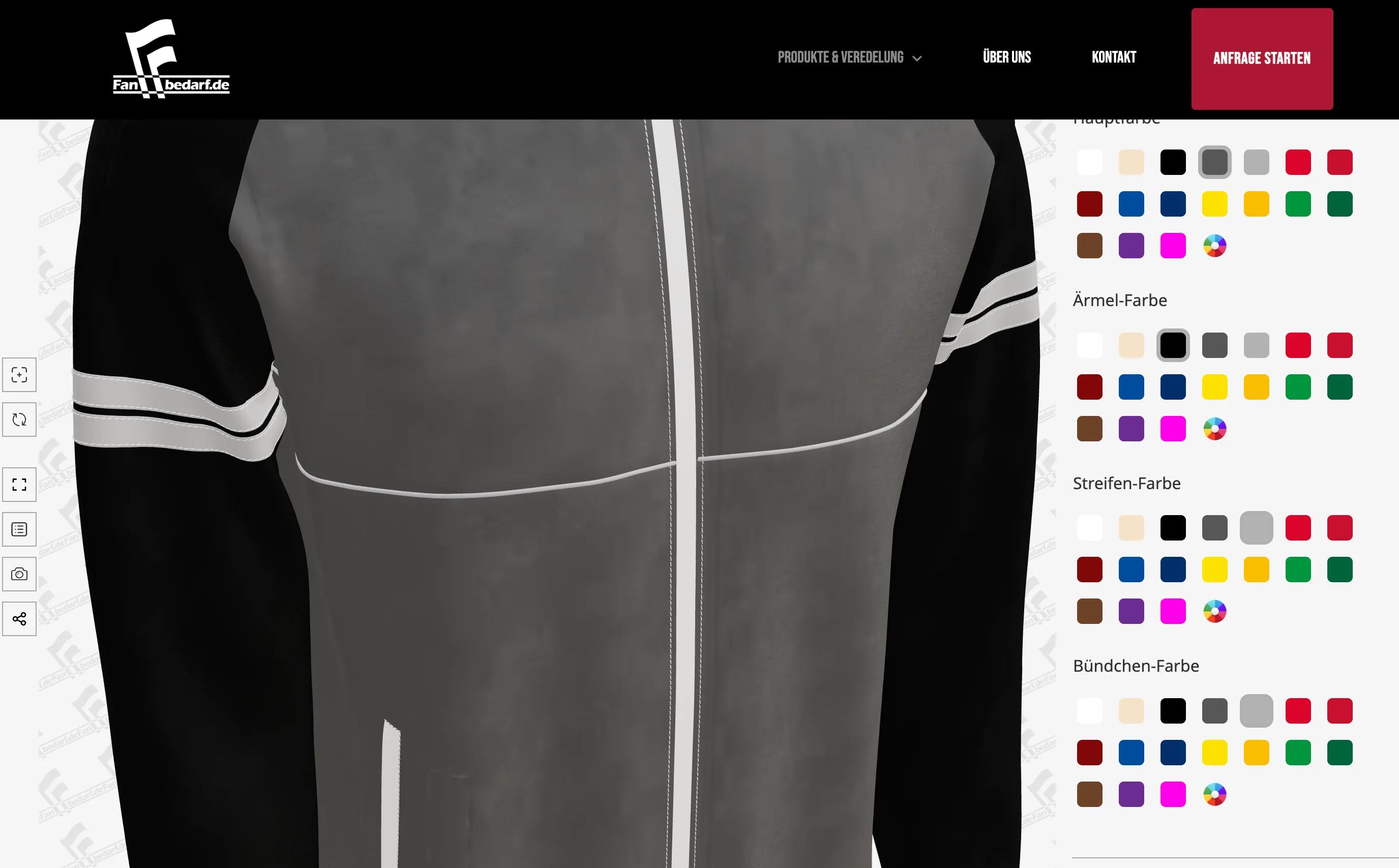 A close-up of a Top 4 jacket in 3D: a carbon grey body with a white zip and a light piping seam across the chest, black sleeves with light grey stripe bands, and stitching visible along the zip, beside the colour rows Hauptfarbe, Ärmel-Farbe (sleeves), Streifen-Farbe and Bündchen-Farbe