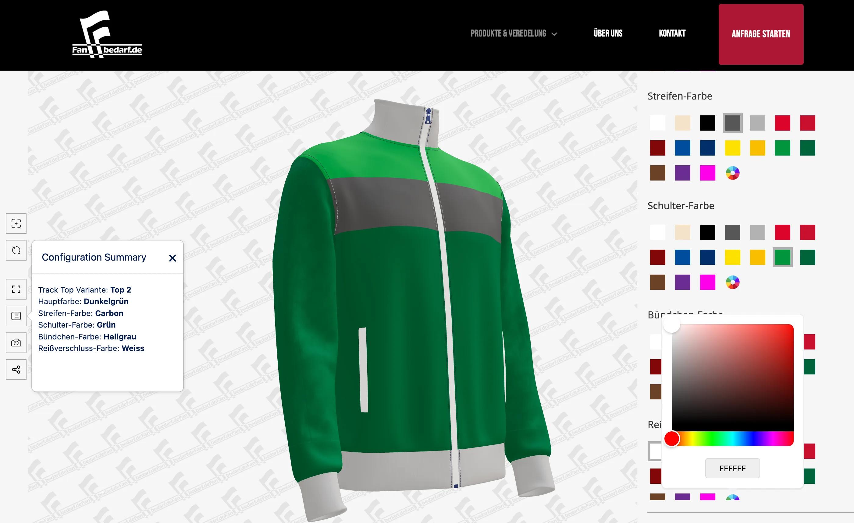 A Top 2 track jacket in 3D with a dark green body, a carbon grey stripe across the chest, green shoulders, light grey ribbing on the collar, cuffs and waistband, and a white zip. The open Configuration Summary lists Track Top Variante: Top 2, Hauptfarbe: Dunkelgrün, Streifen-Farbe: Carbon, Schulter-Farbe: Grün, Bündchen-Farbe: Hellgrau and Reißverschluss-Farbe: Weiss, and a colour picker is open with the hex code FFFFFF