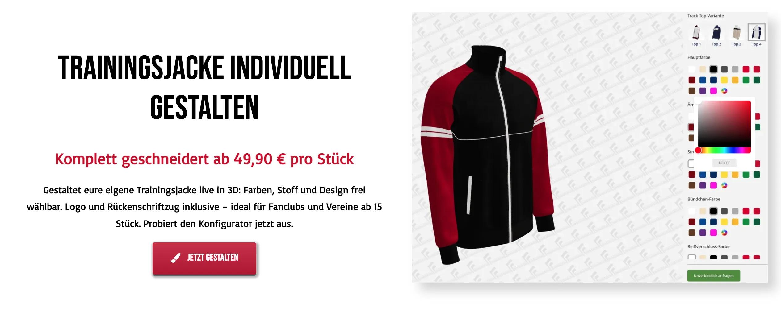 The teaser on the fanbedarf.de homepage: the heading Trainingsjacke individuell gestalten, the line Komplett geschneidert ab 49,90 € pro Stück, a short text inviting fan clubs and clubs to design their jacket in 3D from 15 pieces, a red Jetzt gestalten button, and a picture of the configurator with a black Top 4 jacket with red sleeves and white stripes, its colour rows and an open colour picker