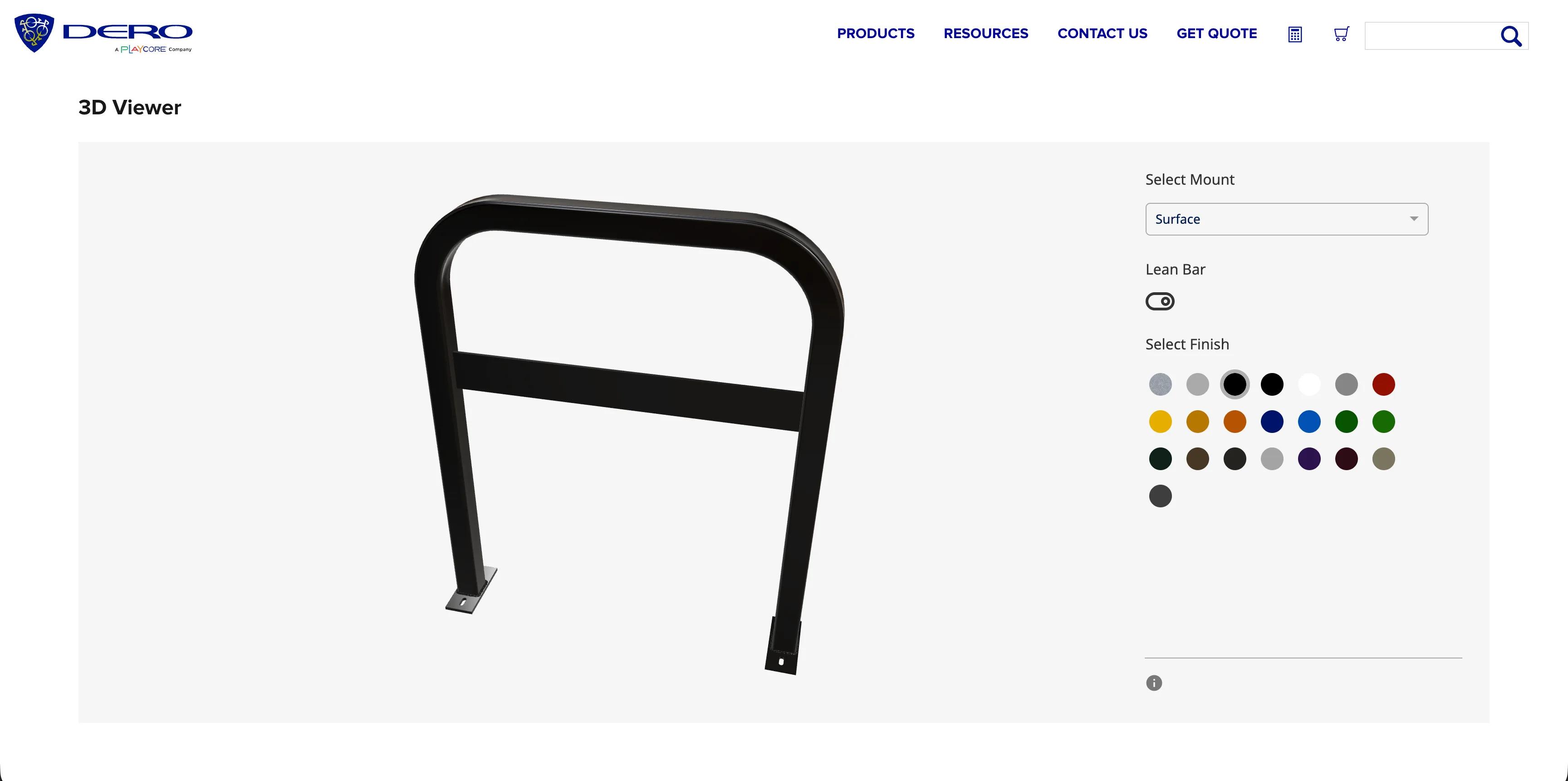The Downtown Rack in the 3D Viewer: a black square-tube rack with rounded top corners on surface base plates, with a horizontal lean bar across it, beside the Select Mount dropdown on Surface, the Lean Bar switch turned on and the Select Finish swatches with Black selected