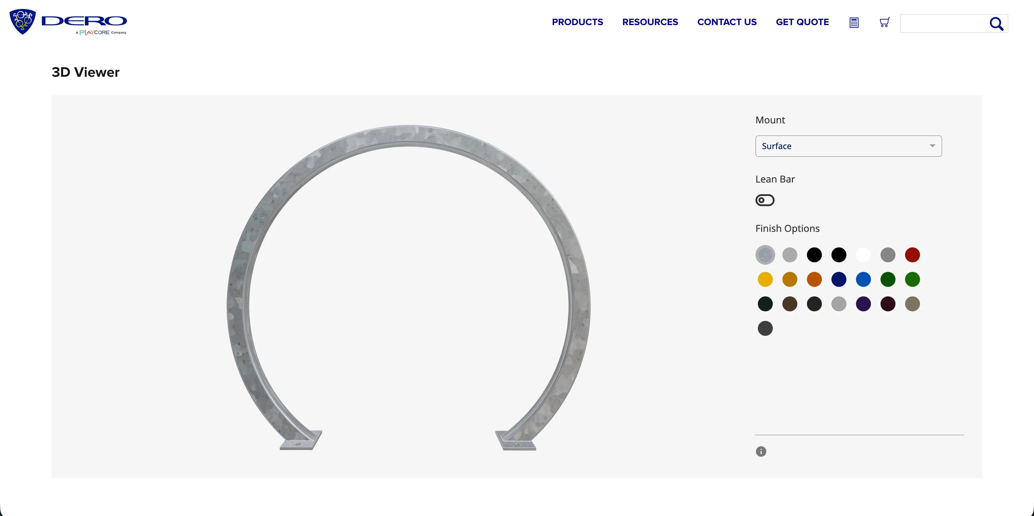 The Arc Rack in the 3D Viewer: an almost circular square-tube rack in galvanised steel with a mottled grey texture, on two surface base plates, beside the Mount dropdown on Surface, the Lean Bar switch turned off and the Finish Options swatches with Galvanized selected