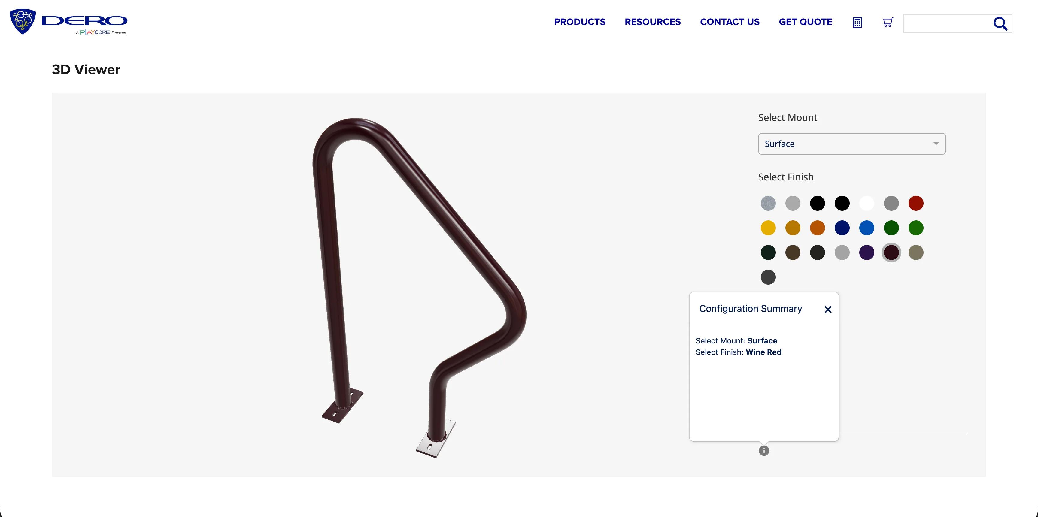 The Swerve Rack in the 3D Viewer: a dark wine-red pipe rack with one straight leg and one angled leg on surface base plates, beside the Select Mount dropdown and the Select Finish swatches with Wine Red selected, and an open Configuration Summary listing Select Mount: Surface and Select Finish: Wine Red