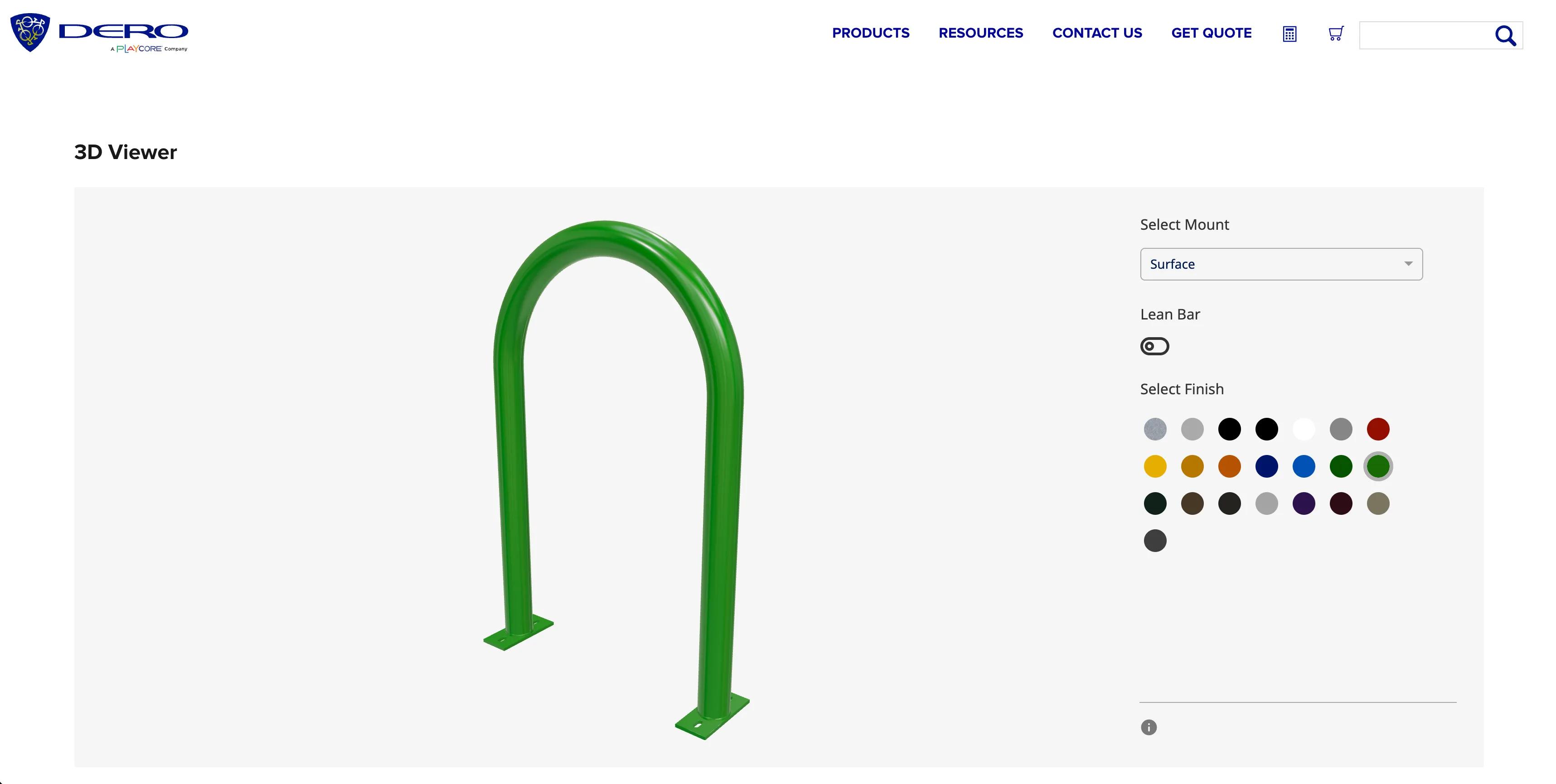 The Hoop Rack Heavy Duty in the 3D Viewer: a tall, narrow inverted U of thick pipe in light green on two surface base plates, beside the Select Mount dropdown on Surface, the Lean Bar switch turned off and the Select Finish swatches with Light Green selected