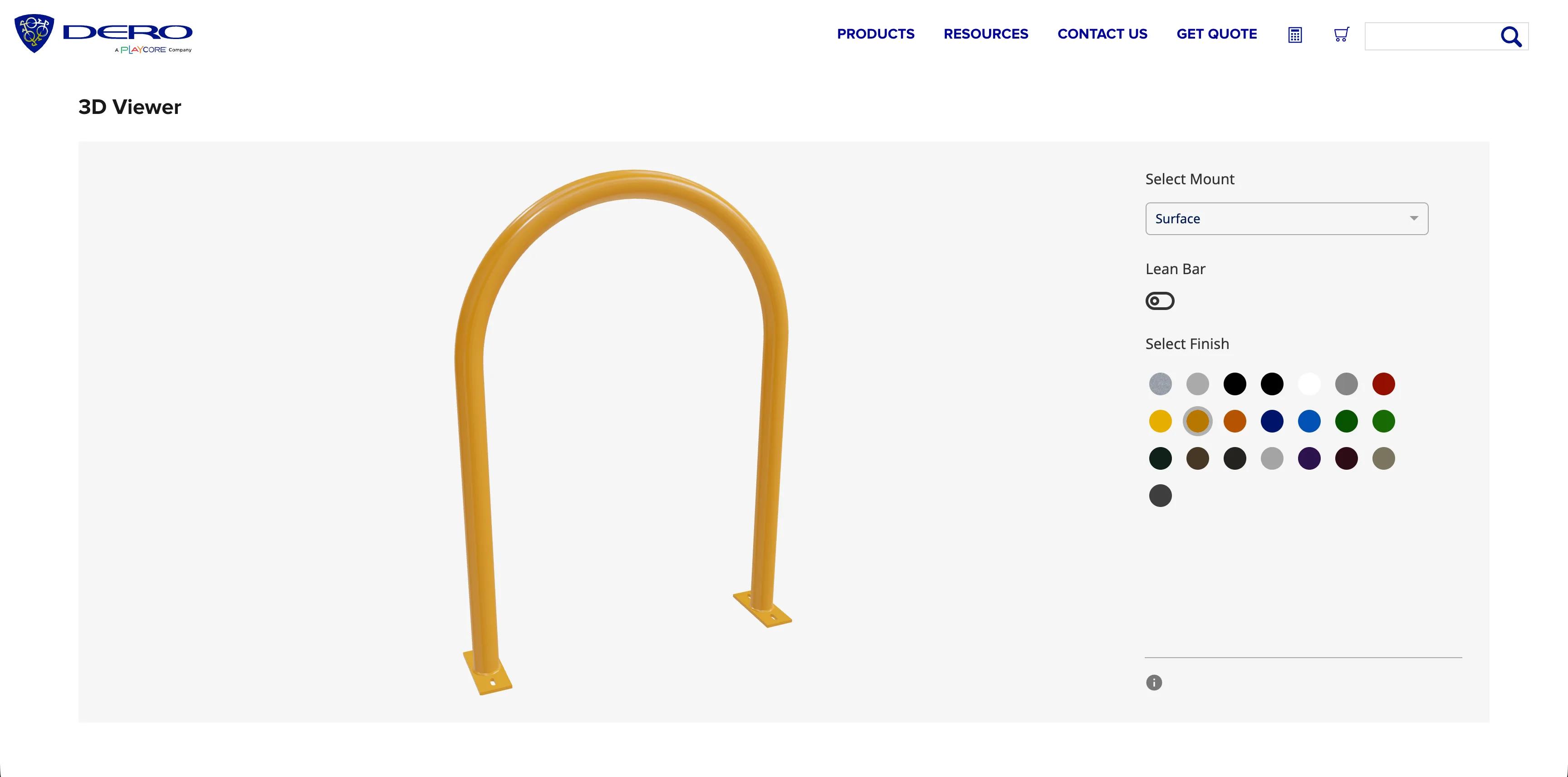 The Hoop Rack’s 3D Viewer on dero.com under the heading 3D Viewer: a wide inverted U of round pipe in a golden yellow finish on two surface base plates, beside the Select Mount dropdown on Surface, the Lean Bar switch turned off and the Select Finish swatches with Bright Yellow selected