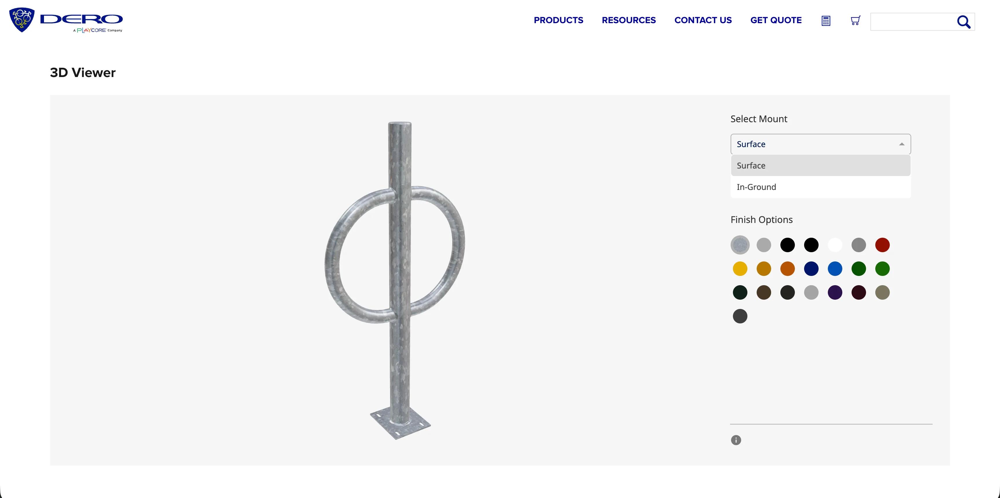 The 3D Viewer on the same page: a galvanised Bike Hitch, a post on a square base plate with a ring through it, beside the Select Mount dropdown open on Surface and In-Ground and the Finish Options swatches