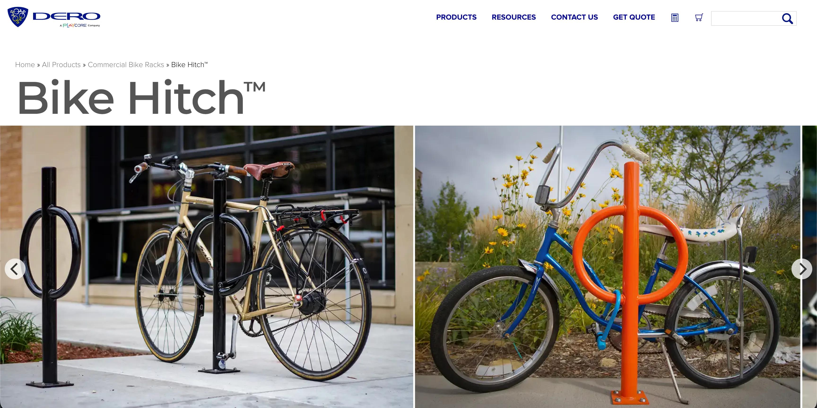 The Bike Hitch product page on dero.com: the Dero header with Products, Resources, Contact us and Get quote, the breadcrumb Home, All Products, Commercial Bike Racks, Bike Hitch, the heading Bike Hitch and two photos of the rack in use, a black post and ring with a cream bicycle locked to it outside a shop, and an orange one with a blue bicycle beside a flower bed