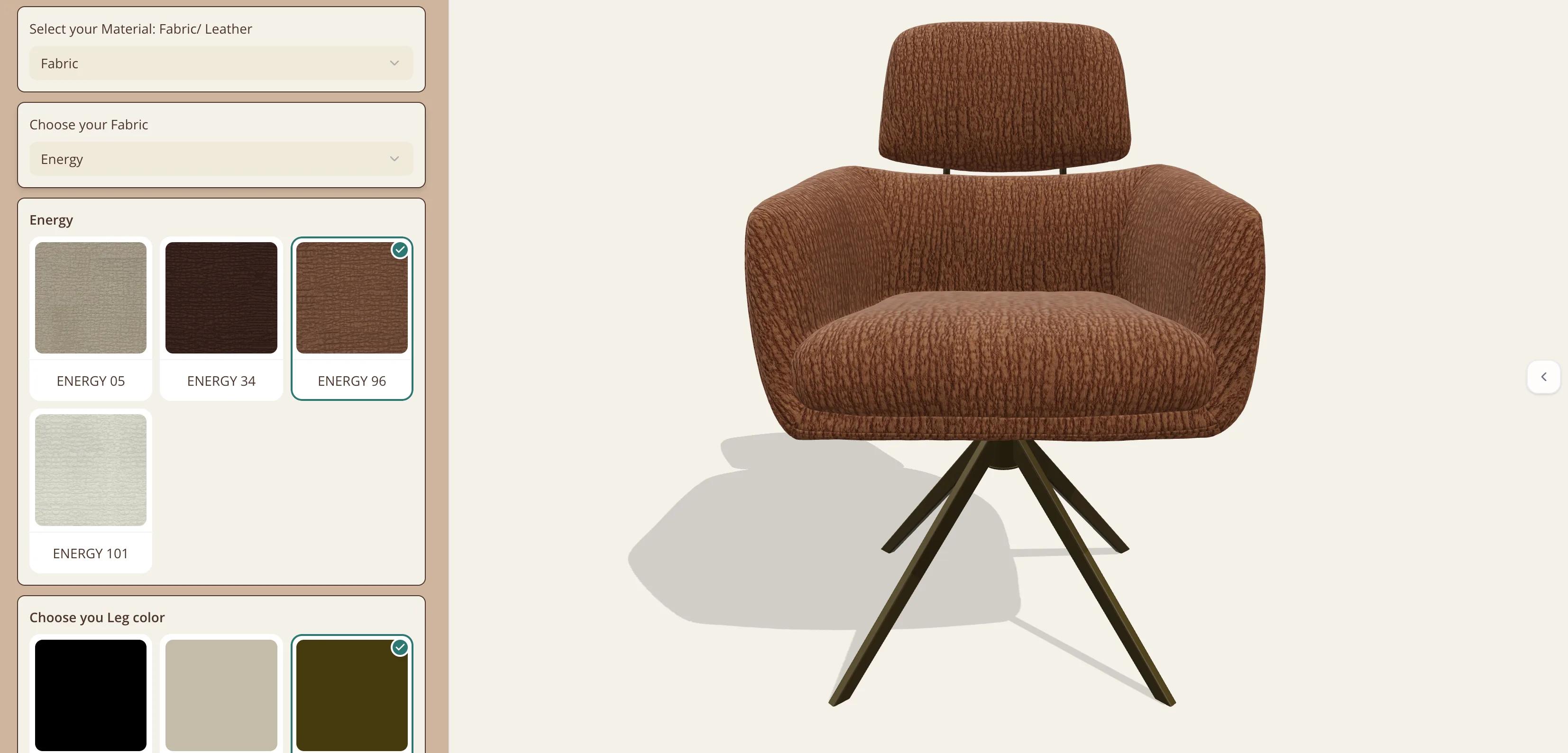 The Cyril 6609 configurator: a tub-shaped dining chair with a separate headrest on two posts and four conical legs on a swivel, upholstered in a textured rust-brown fabric, beside a beige panel with Select your Material: Fabric/ Leather set to Fabric, Choose your Fabric set to Energy, the swatches ENERGY 05, ENERGY 34, ENERGY 96 and ENERGY 101 with ENERGY 96 selected, and the leg colour swatches with Espresso selected