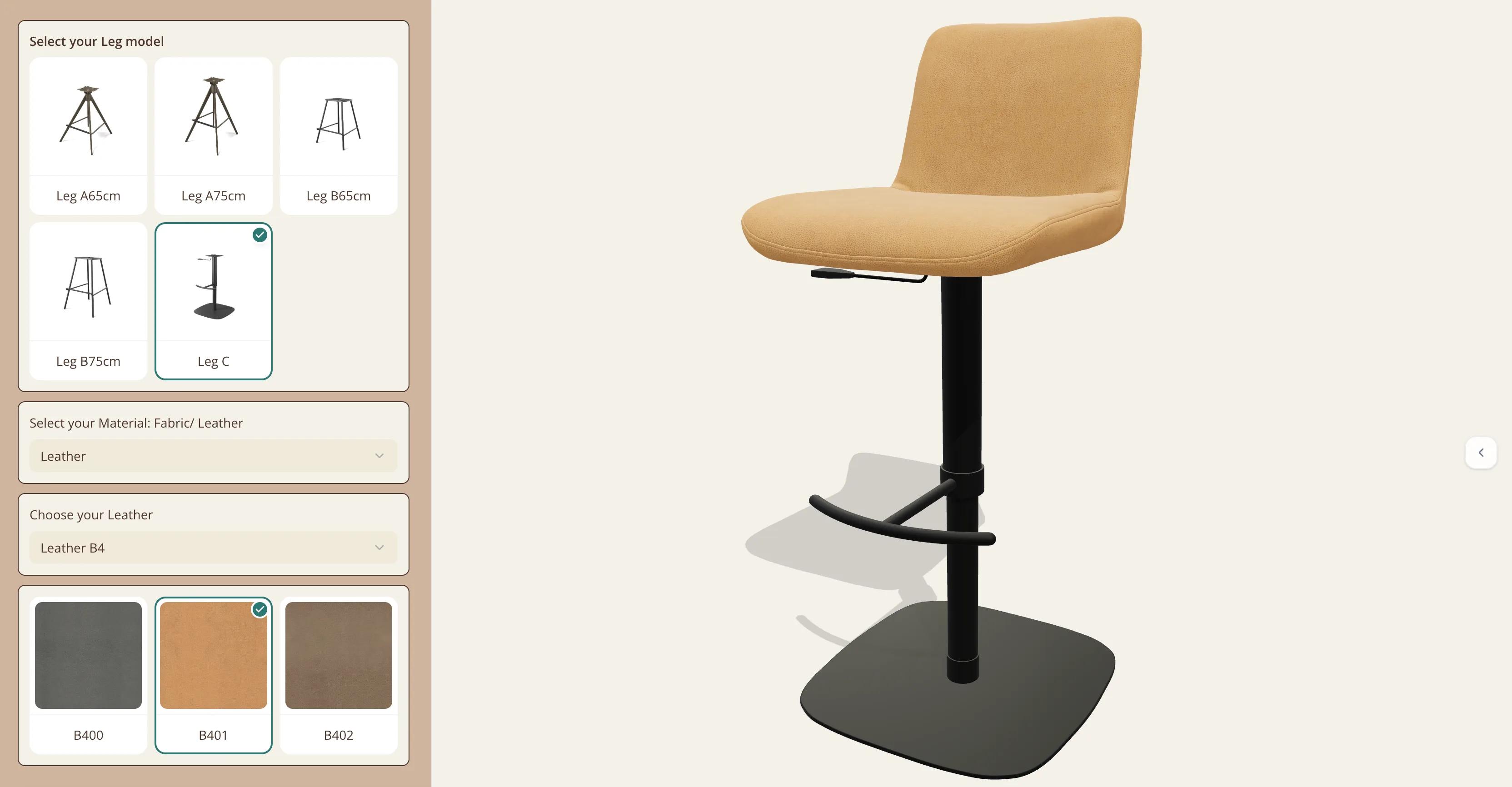 The Universal 6460 bar chair configurator: a bar chair with a curved back in caramel leather on Leg C, a black central column with a curved footrest and a lever under the seat on a flat base, beside the panel with Select your Leg model on Leg C among Leg A65cm, Leg A75cm, Leg B65cm, Leg B75cm and Leg C, Select your Material: Fabric/ Leather set to Leather, Choose your Leather set to Leather B4, and the swatches B400, B401 and B402 with B401 selected