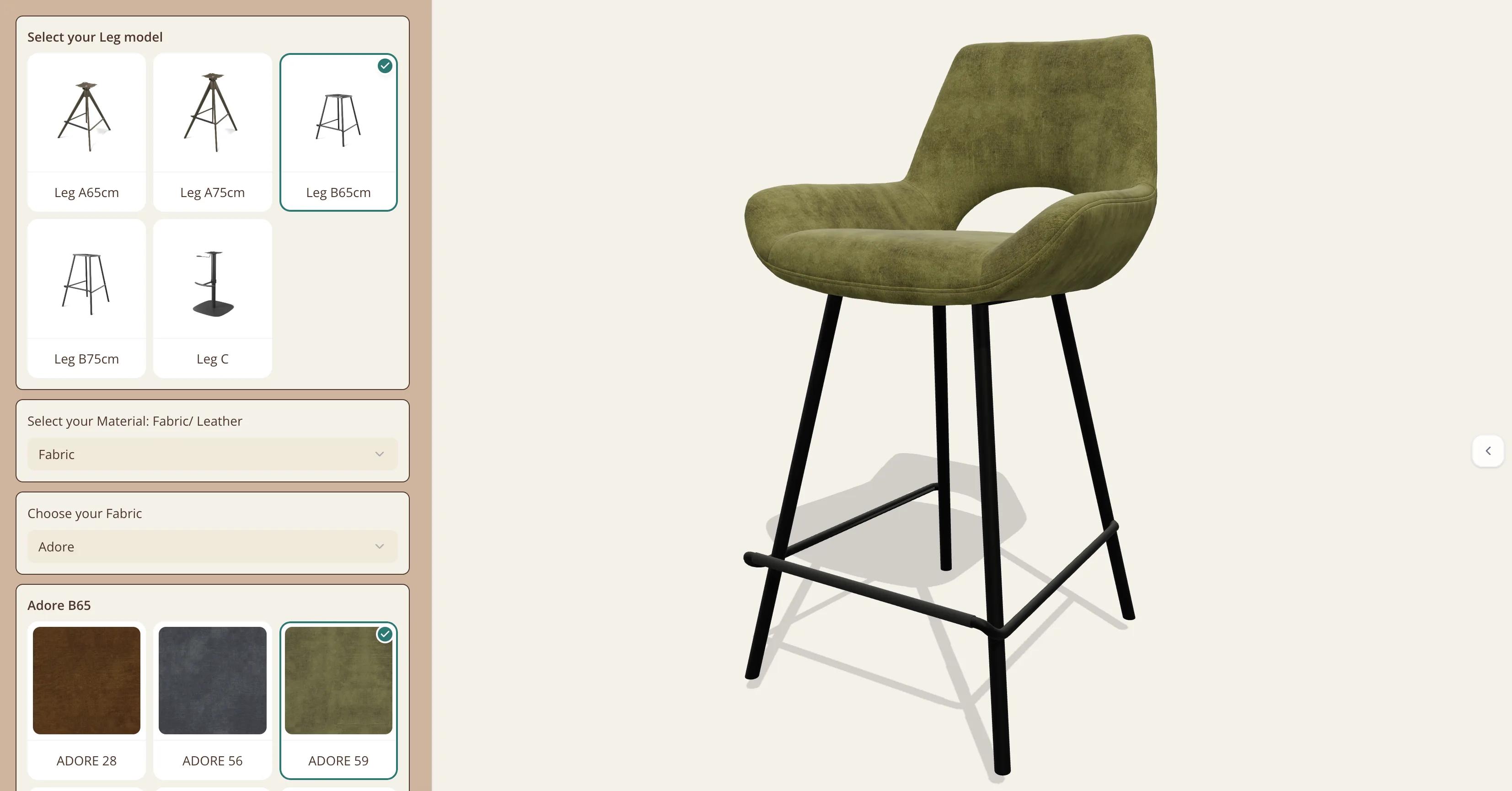 The Messina 6555 bar chair configurator: a bar chair with an open back and curved armrests in an olive-green fabric on four black legs joined by a footrest, beside the panel with Select your Leg model on Leg B65cm among the five leg models, Select your Material: Fabric/ Leather set to Fabric, Choose your Fabric set to Adore, and the swatch set Adore B65 with ADORE 28, ADORE 56 and ADORE 59, ADORE 59 selected