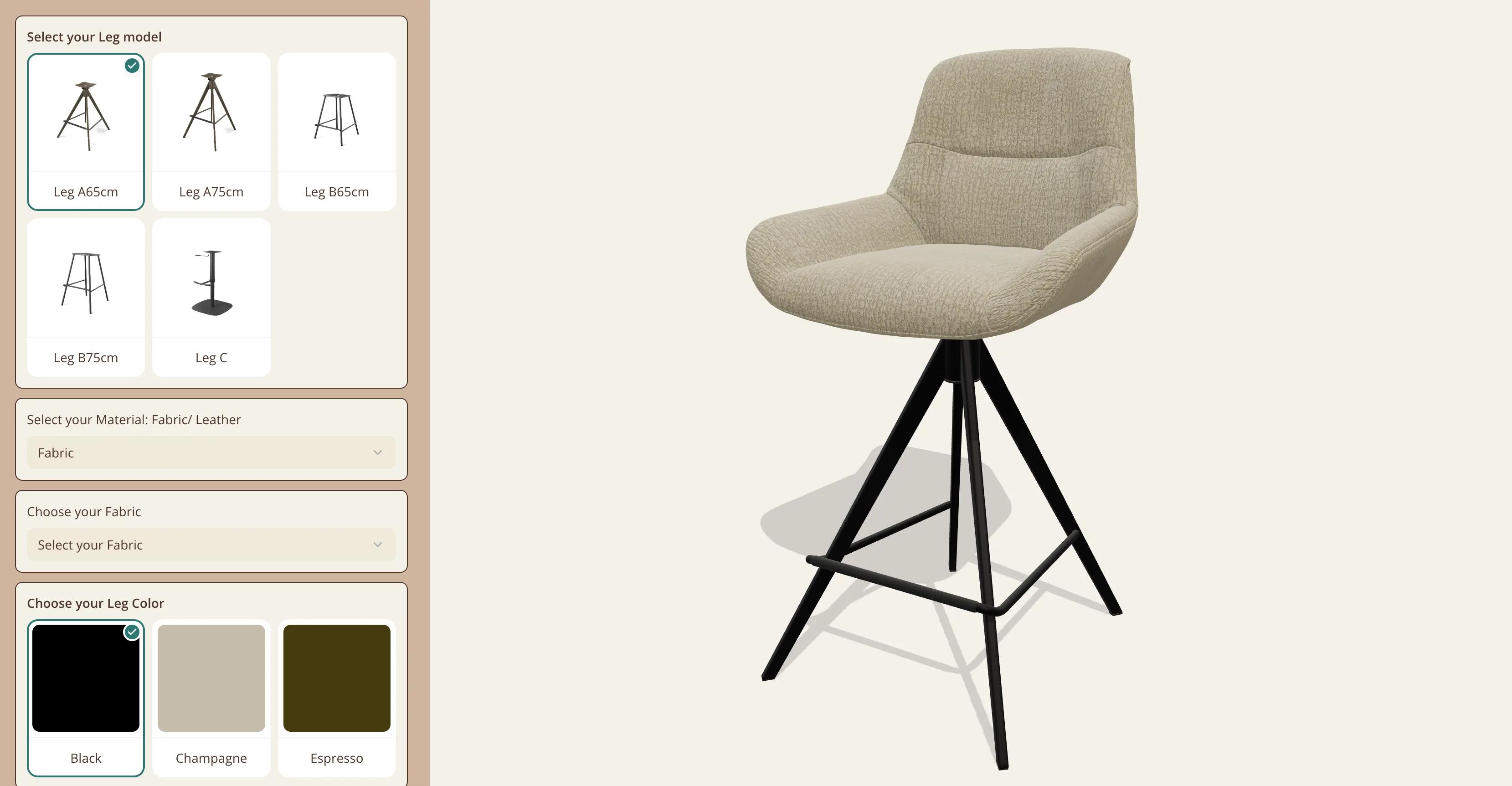 The Bari 6459 bar chair configurator at its starting point: a bar chair with a softly quilted, curved back in a light beige fabric on four black legs with a footrest, beside the panel with Select your Leg model on Leg A65cm among Leg A65cm, Leg A75cm, Leg B65cm, Leg B75cm and Leg C, Select your Material: Fabric/ Leather set to Fabric, Choose your Fabric still on Select your Fabric, and Choose your Leg Color with Black, Champagne and Espresso, Black selected