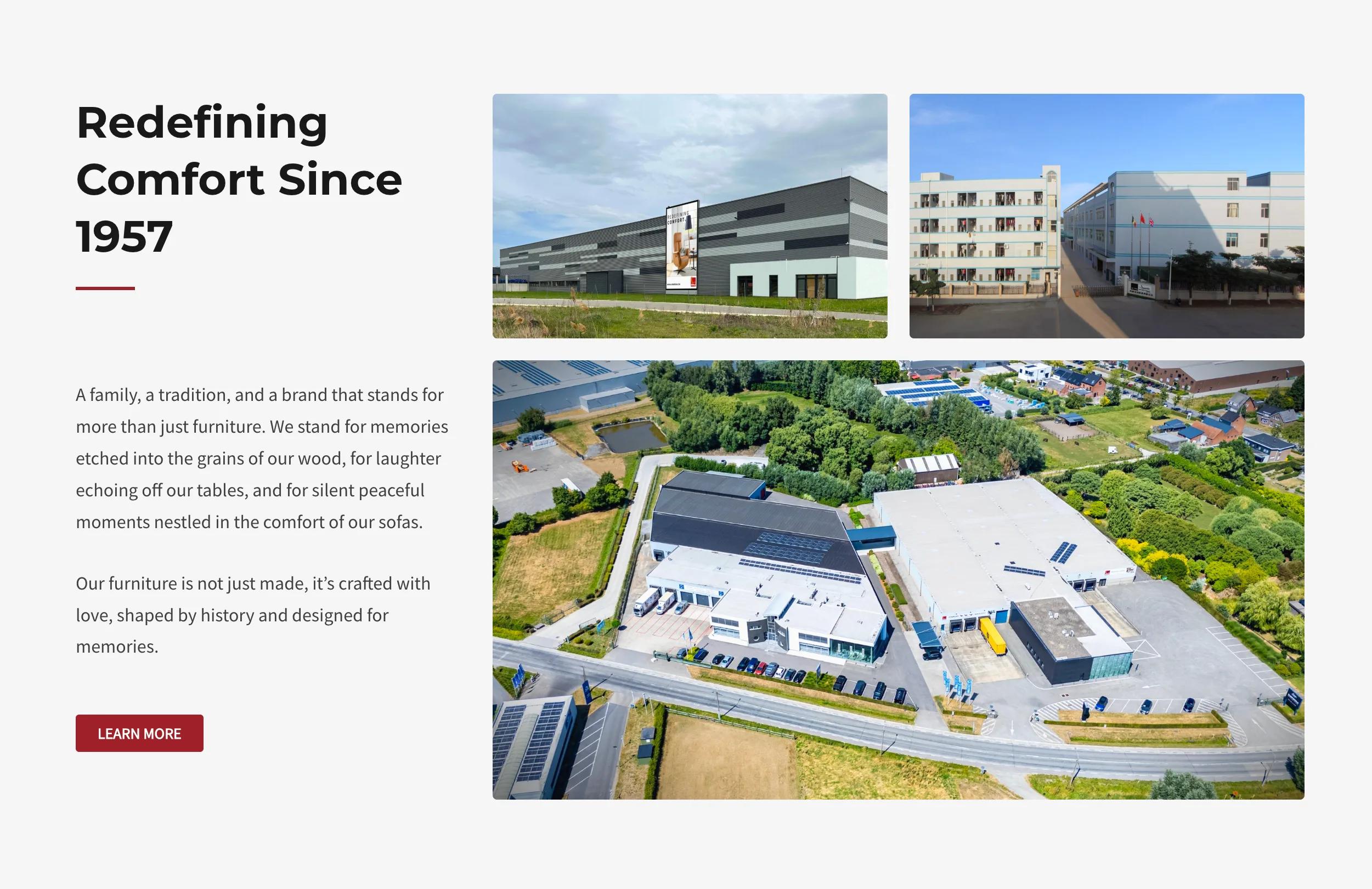 The MODULAX homepage section Redefining Comfort Since 1957: the brand text and a Learn more button beside three photographs, a long grey warehouse with a Redefining Comfort banner, a white multi-storey building with flags in front of it, and an aerial view of warehouses, offices, a car park and lorries at the loading bays