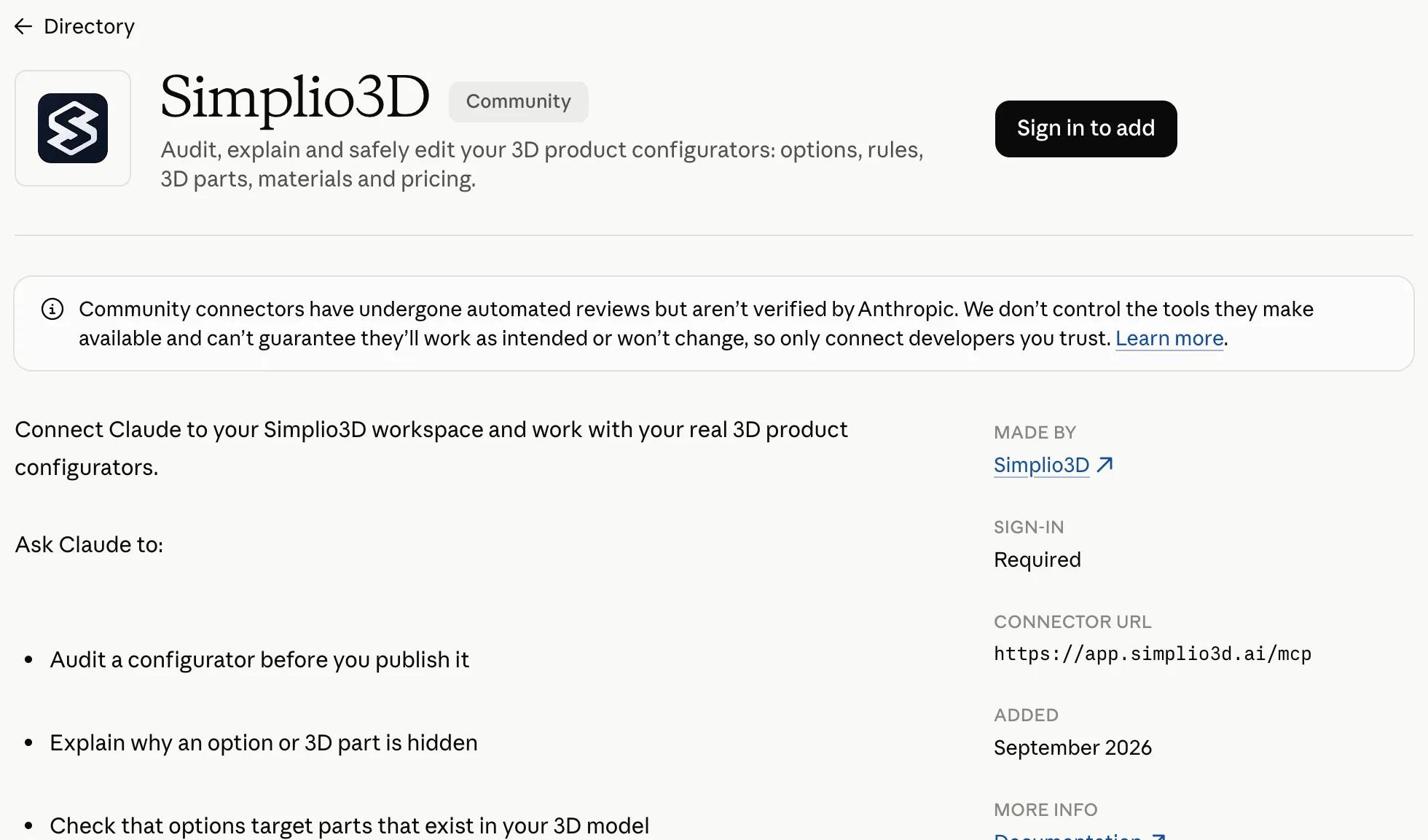 The Simplio3D page in Claude’s directory: a Community connector made by Simplio3D, with the connector URL https://app.simplio3d.ai/mcp, sign-in required, added September 2026, and a list of what you can ask Claude to do, from auditing a configurator to explaining pricing.