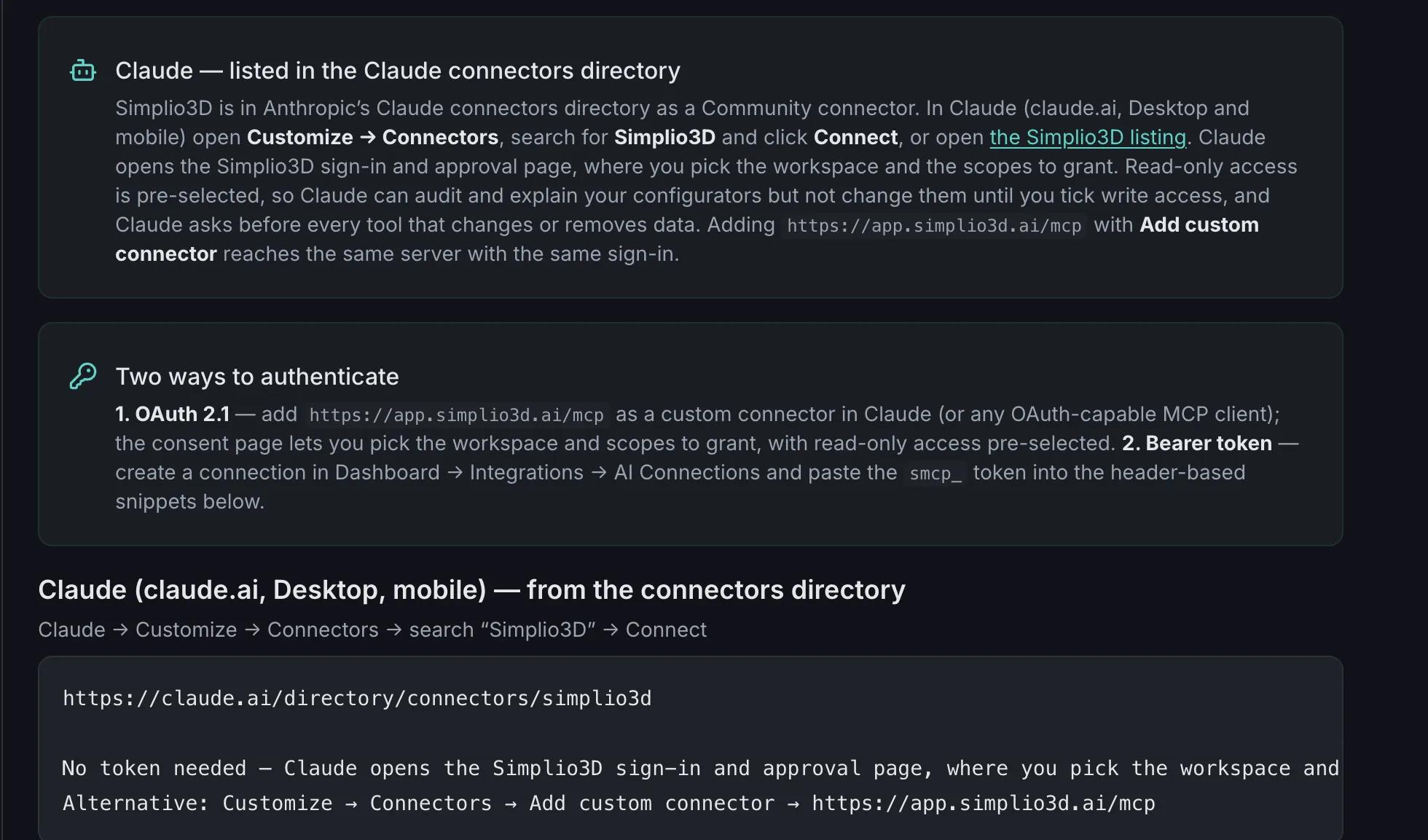 The Connect a Client page of the Simplio3D MCP documentation: in Claude, open Customize → Connectors, search for Simplio3D and click Connect, then pick the workspace and scopes on the Simplio3D approval page, where read-only access is pre-selected.