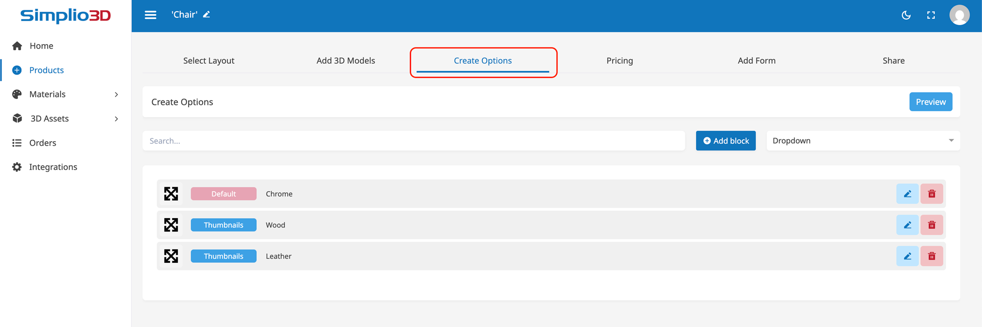 create options in Simplio3D