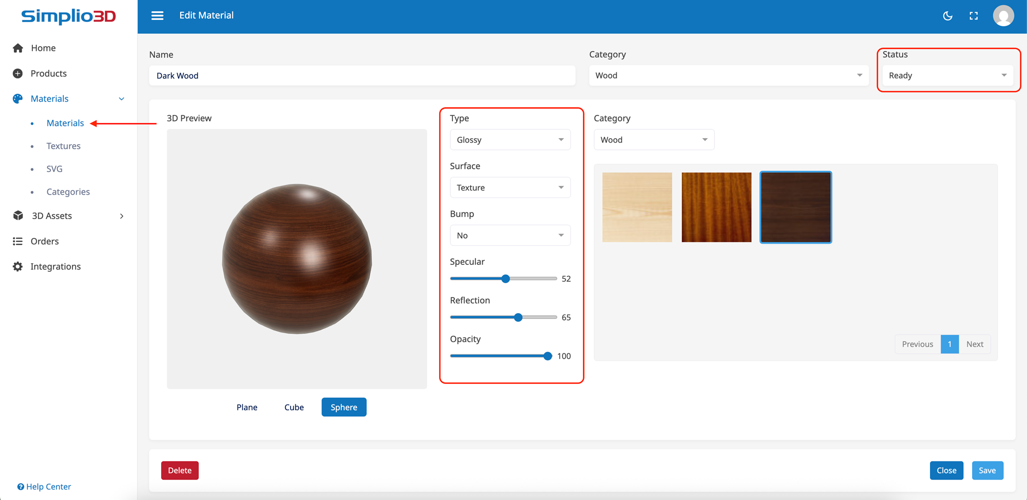 edit material in Simplio3D